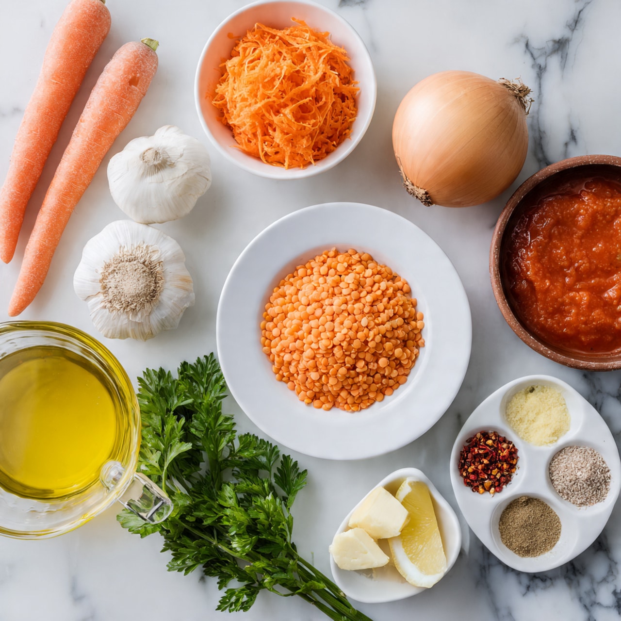 The image shows a white plate with a small pile of orange lentils in the center, placed on a white marbled surface. Surrounding the plate are various ingredients: a white bowl with shredded bright orange carrot and a whole carrot on top in the upper left, a whole light brown onion nearby, and a brown bowl filled with smooth red tomato sauce in the upper right. To the left bottom corner is a clear glass measuring cup with yellow oil, and fresh green parsley lies near the bottom. On the right side, there is a small white dish with four different powdered spices arranged in a row, a small brown bowl with cut yellow butter, some cloves of garlic, a small white bowl with chili flakes, and lemon wedges. Part of a woman's hand can be seen gently holding some parsley leaves. Photo taken with an iphone --ar 4:5 --v 7