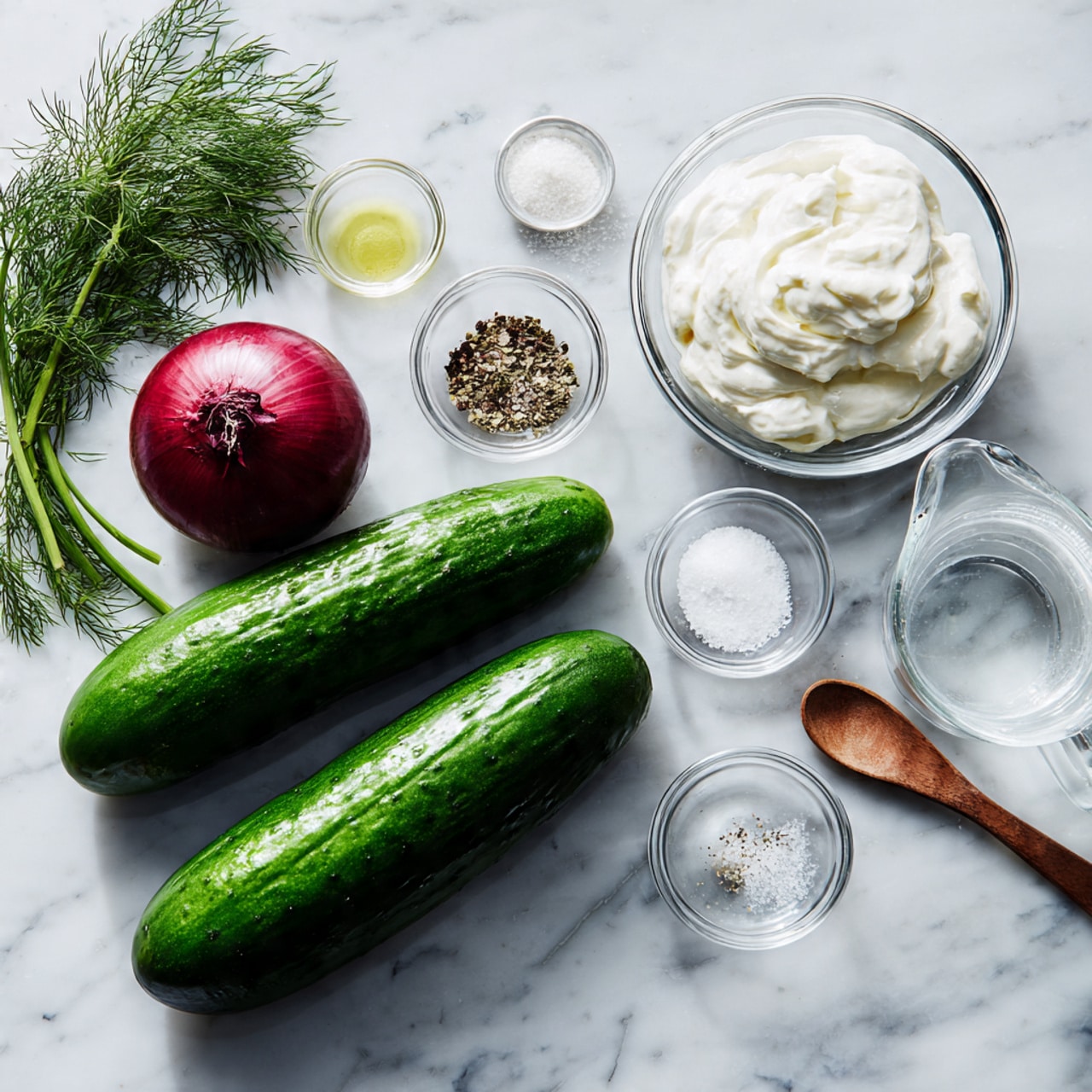 Two long green cucumbers and one medium red onion rest on a white marbled surface, along with two small sprigs of fresh dill at the top left. Nearby are multiple small clear glass bowls, one filled with white cream cheese at the bottom right, another with a white spread above it, and three smaller bowls containing salt, pepper, and sugar arranged in a line in the upper right. A clear glass measuring cup with water sits near the cucumbers, while a medium-sized wooden spoon lies in the top right corner. The light source highlights the fresh and textured surfaces of all items, giving the scene a clean and fresh look photo taken with an iphone --ar 4:5 --v 7