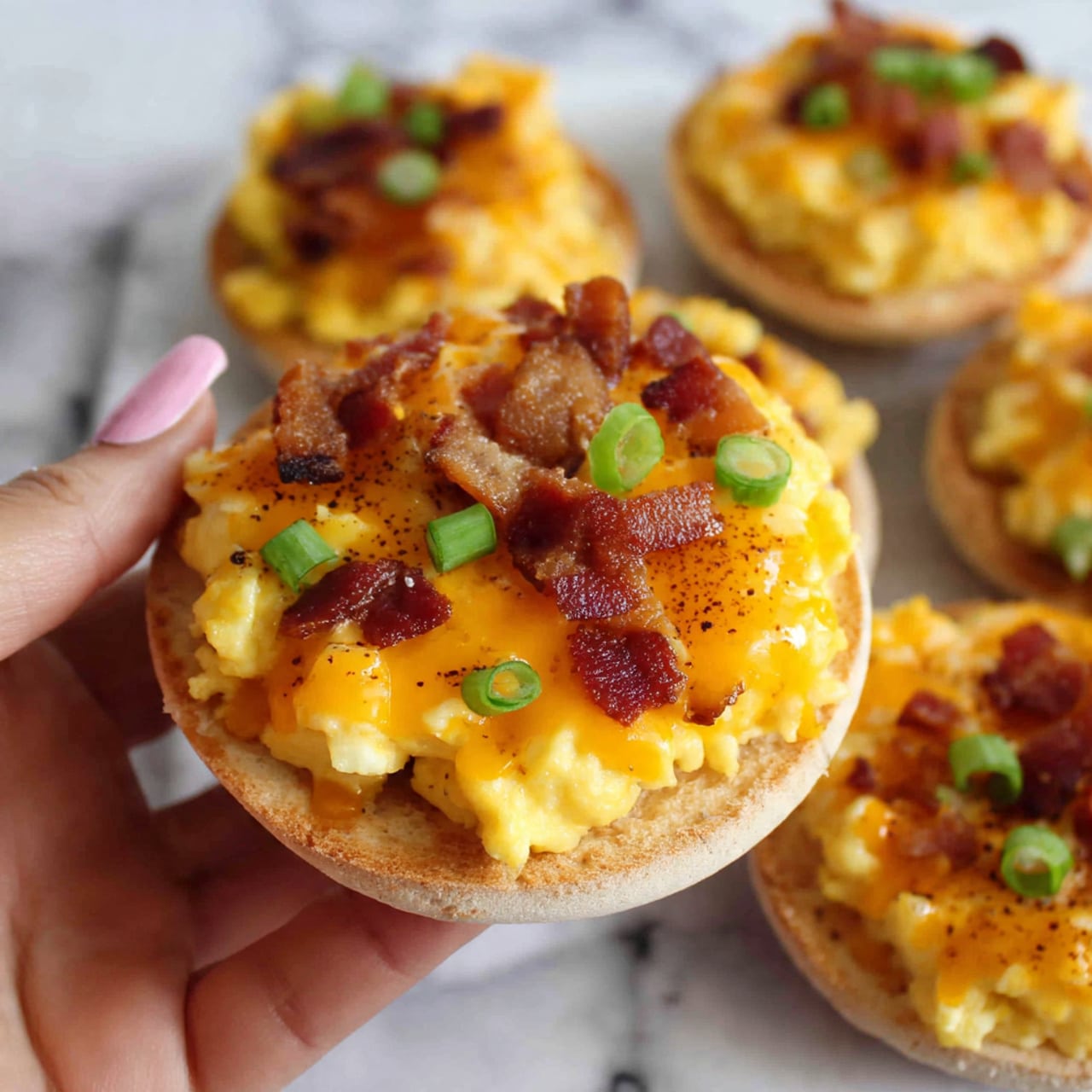 The image shows an open English muffin toasted to a light golden brown color, serving as the base layer. On top is a fluffy layer of scrambled eggs that is bright yellow with a soft texture. The third layer is melted cheddar cheese, a rich orange color, spread evenly over the eggs. Scattered on top are small pieces of crispy-looking bacon with a reddish-brown color. Fresh green slices of scallions are sprinkled over the bacon, adding a touch of green and freshness. The muffins are placed on a white marbled surface, and a woman's hand is holding one of the muffins. Photo taken with an iphone --ar 4:5 --v 7