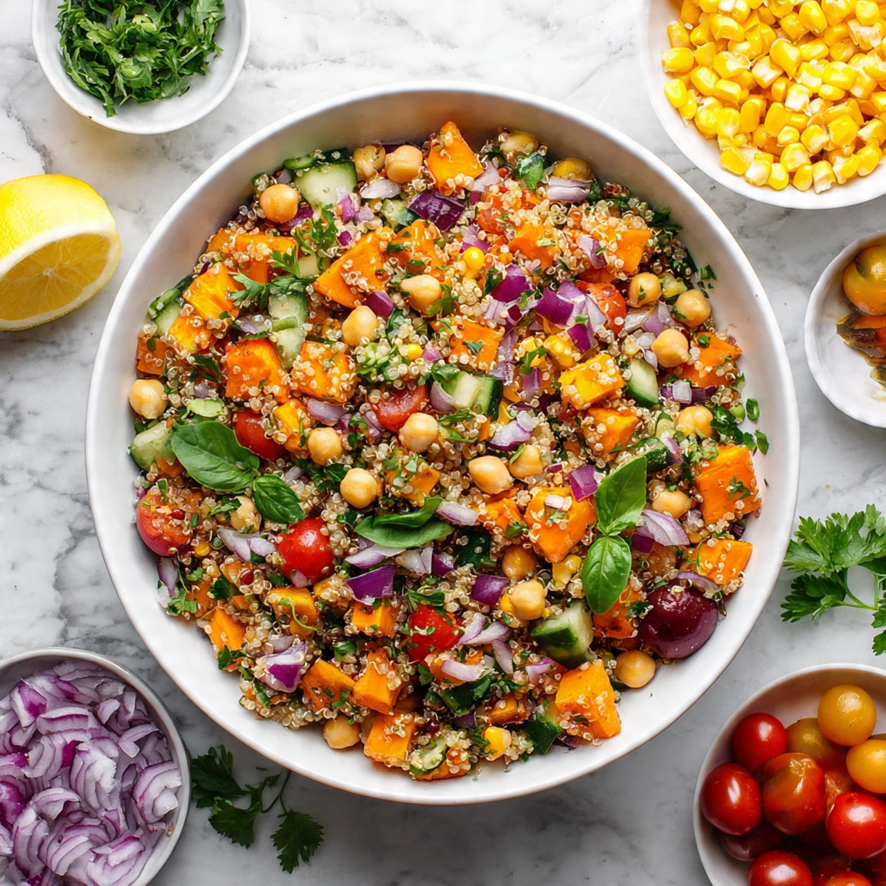 A large white bowl filled with a quinoa salad sits on a white marbled surface. The salad has colorful layers including yellow corn kernels, bright orange sweet potato cubes, red cherry tomato halves, light green cucumber pieces, light beige chickpeas, and small bits of purple onion mixed evenly throughout. Fresh green parsley and basil leaves add a touch of leafy texture on top and around the bowl. Around the main bowl, there are smaller white bowls with chopped red onions, whole yellow corn, and cherry tomatoes. A halved lemon and some loose parsley sprigs are scattered nearby. Photo taken with an iphone --ar 4:5 --v 7