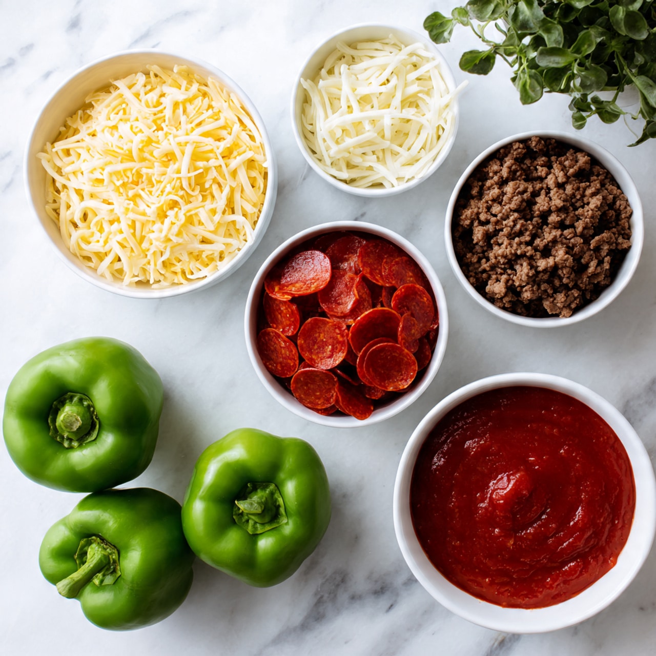 The image shows five white bowls placed on a white marbled surface, each bowl containing different ingredients. One bowl has shredded yellow cheese, another has cooked ground beef with a brown color, a third bowl contains small round slices of pepperoni in a reddish color, and the fourth bowl is filled with smooth red tomato sauce. There are also three whole green bell peppers arranged next to the bowls with a fresh and shiny texture. A green plant with small leaves is seen in the top right corner of the image. photo taken with an iphone --ar 4:5 --v 7