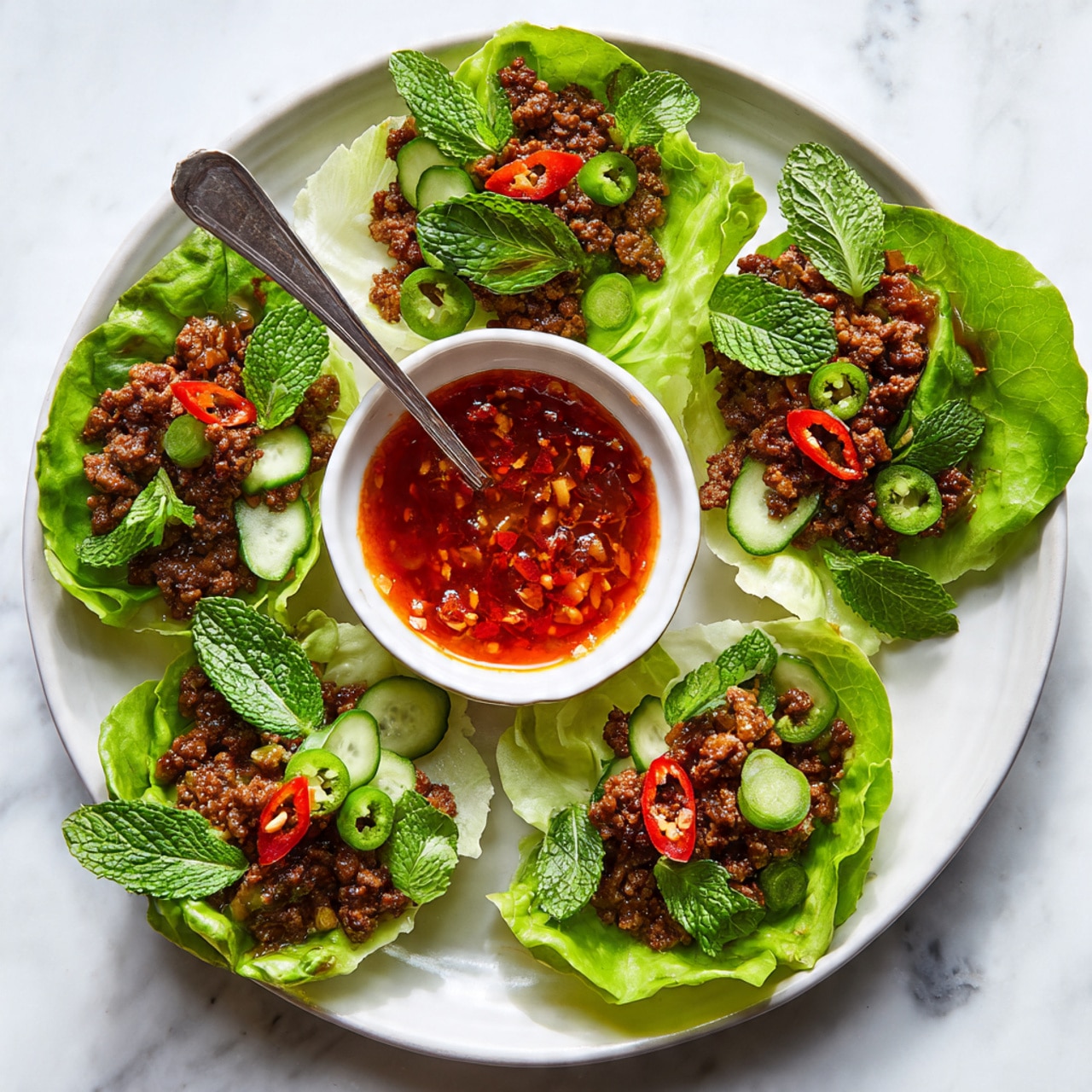 The image shows five lettuce cups arranged in a circle on a white plate placed on a white marbled surface. Each lettuce cup has three layers: a green lettuce leaf as the base, a layer of brown cooked ground meat in the middle, and on top, sliced green cucumber, green chili rings, fresh mint and basil leaves, and a small dollop of bright red chili sauce. To the side on the plate is a small white bowl filled with chunky red chili sauce and a metal spoon inside it. The colors are fresh and vibrant with green, brown, and red tones contrasting against the white plate and background. Photo taken with an iphone --ar 4:5 --v 7