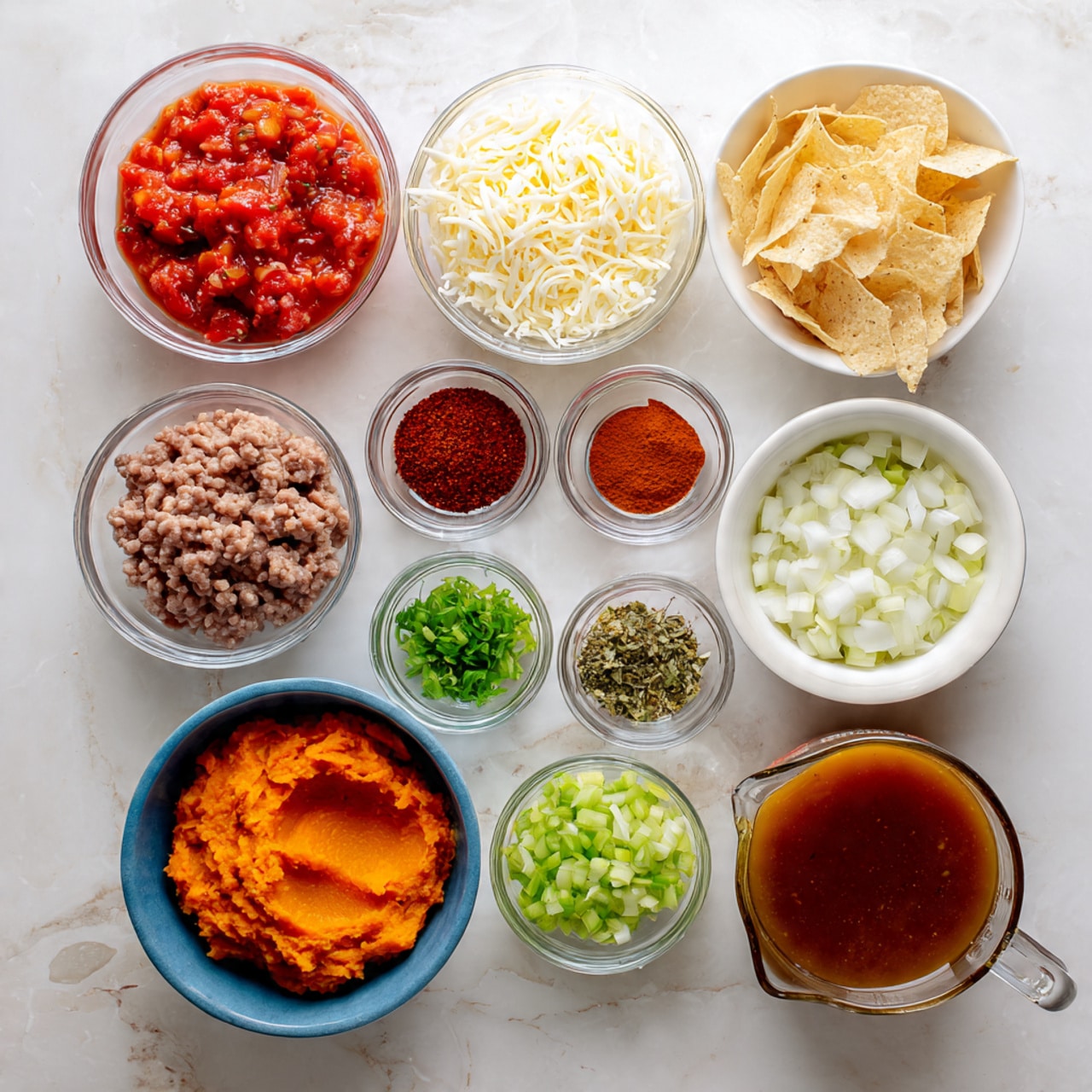 The image shows a neat arrangement of cooking ingredients on a white marbled surface. In total, there are 15 bowls and small glass containers placed in a loose grid. Starting from the top left, there is a red bowl filled with crushed tomatoes, followed by a clear bowl of shredded cheese next to it. Below the cheese, there is a tiny clear bowl with a reddish-brown powder, and further right, there is a large white bowl filled with chopped white onions. To the right of the onion bowl, two small clear bowls hold red spices, and next to them, a white bowl contains tortilla chips. On the far right, a small clear bowl holds green herbs, and below this, another red bowl is filled with white beans. In the lower left corner, a blue bowl contains orange mashed sweet potatoes or pumpkin puree, next to it is a glass measuring cup with brown broth, a small clear bowl of chopped green bell peppers, and a medium clear bowl containing raw ground meat. Scattered among these larger bowls are small clear containers holding ingredients such as minced garlic, salt, cooking oil, and other spices. All bowls are neatly spaced, and the overall feel is clean and organized. photo taken with an iphone --ar 4:5 --v 7