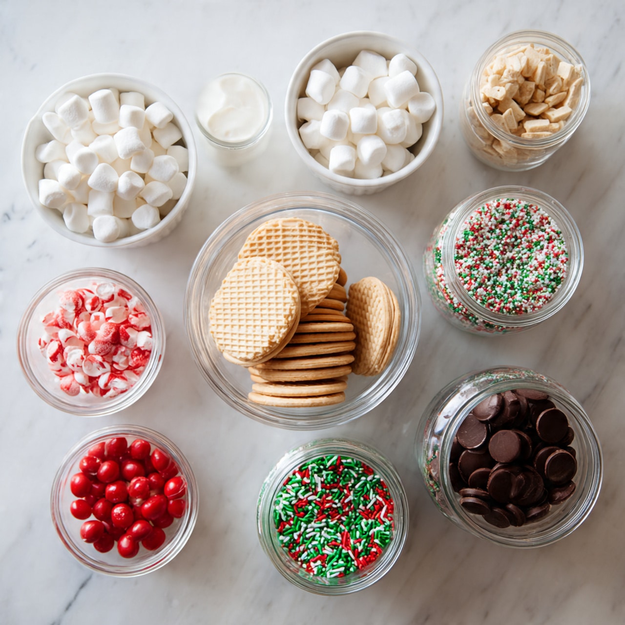 The image shows a top view of a white marbled surface with various white bowls and clear jars arranged neatly. In the center is a clear bowl with light beige wafer cookies stacked in two layers. Surrounding it are smaller white bowls holding different toppings: one filled with small white marshmallows, another with red and white candy pieces, and two others with red and green round candies. Several clear jars lie nearby, some open and some closed, filled with colorful sprinkles in red, white, and green, as well as dark chocolate discs. The colors are bright and festive, and the textures vary from smooth wafers to soft marshmallows and crunchy sprinkles. Photo taken with an iphone --ar 4:5 --v 7