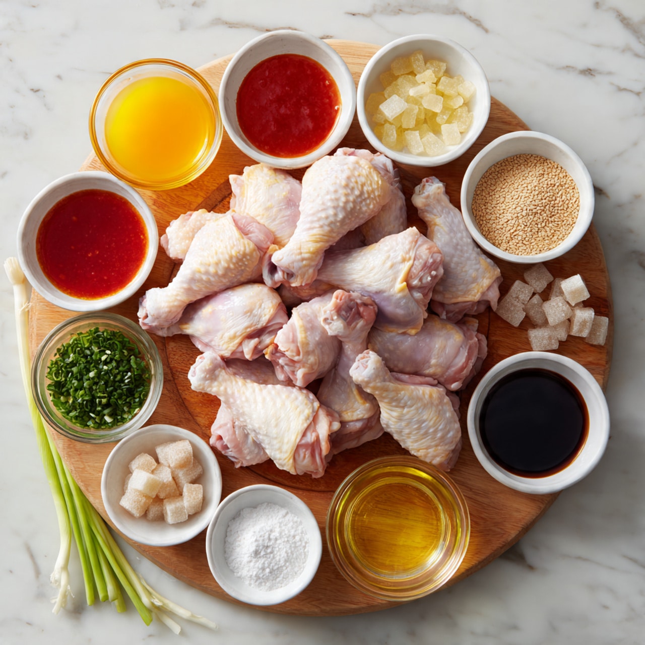 A wooden board placed on a white marbled surface holds many raw pale pink chicken drumettes stacked in the center. Around the board, there are small white bowls with different sauces and ingredients: bright orange sauce, dark red sauce, light brown sauce, white flour, sesame seeds, green chopped herbs, honey in a small glass bowl, soy sauce, and a yellowish liquid. Garlic cloves, green onions, and a small pile of raw sugar cubes are also arranged around the board, creating a colorful and organized cooking setup. Photo taken with an iphone --ar 4:5 --v 7