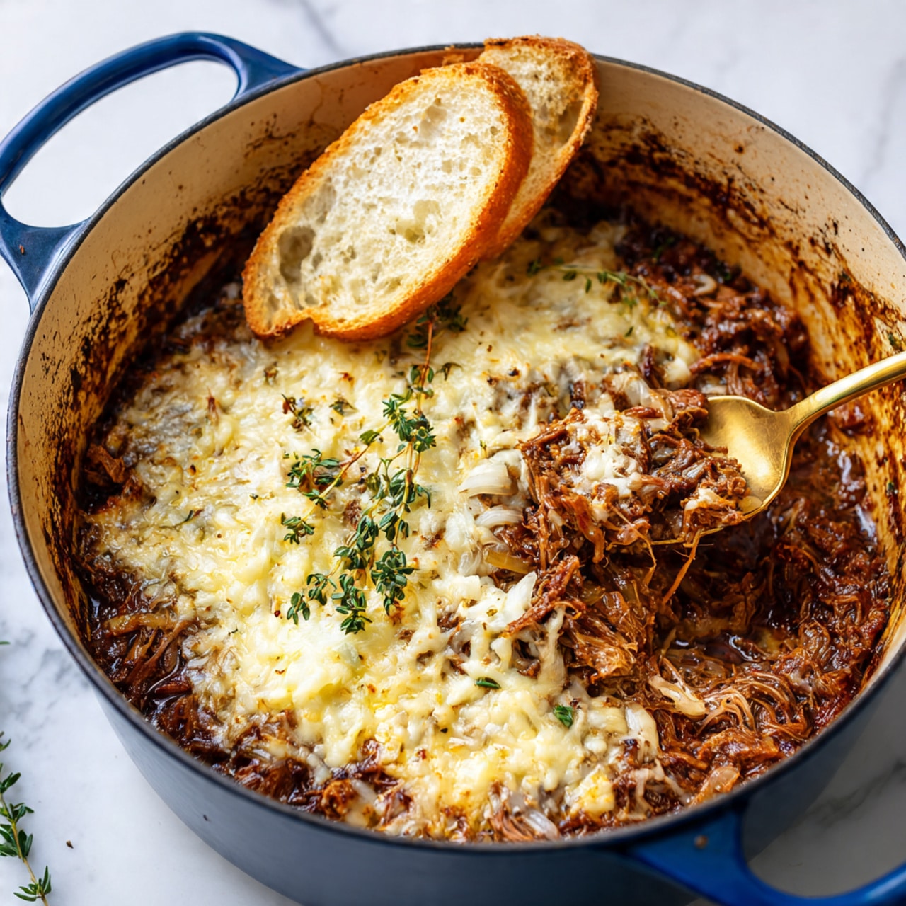 The image shows a blue cast iron pot filled with rich brown shredded meat mixed with caramelized onions, topped with melted white cheese that is creamy and slightly stringy. There are two slices of crusty light brown bread resting on the meat and cheese near the left side of the pot. A gold spoon is dipped into the pot, scooping up some of the meat and cheese, positioned near the center. Small green sprigs of thyme are scattered over the dish, adding a touch of fresh color. The inside edge of the pot shows brown seasoning residue, and the pot sits on a white marbled surface. photo taken with an iphone --ar 4:5 --v 7