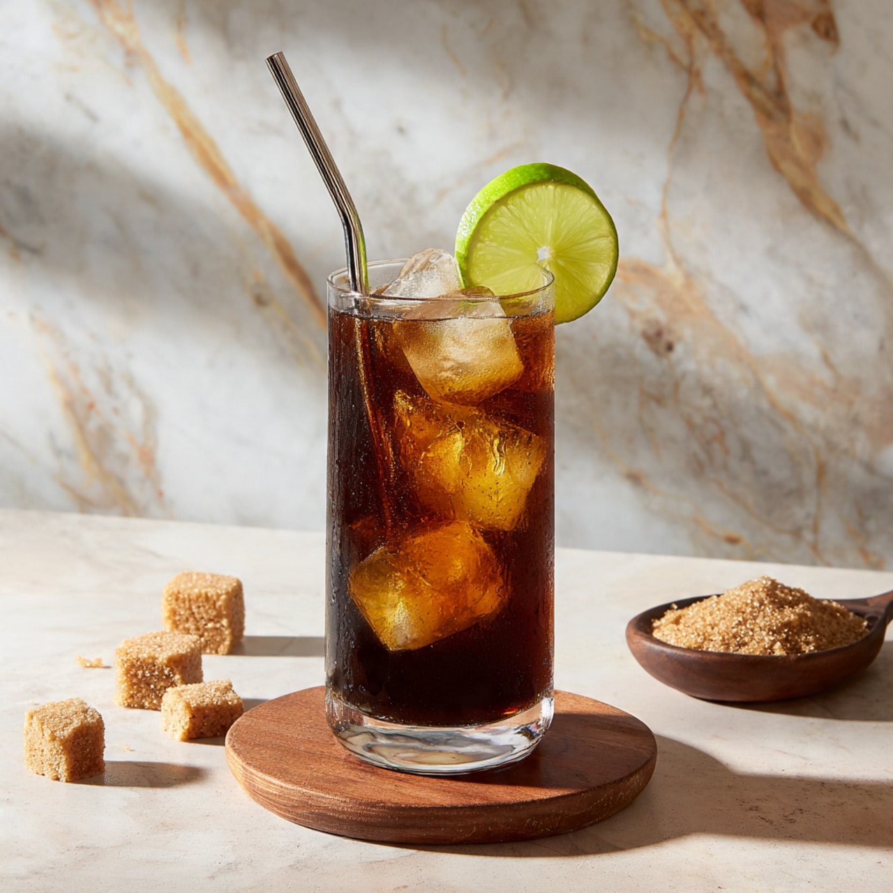 A tall clear glass filled with dark brown iced tea, with several ice cubes visible inside. A thin slice of lime is placed on the rim of the glass. A thin straw stands upright in the drink. The glass sits on a small round wooden coaster, and there are a few pieces of brown sugar cubes scattered nearby. The background shows a white marbled surface with soft light coming from the side. Photo taken with an iphone --ar 4:5 --v 7