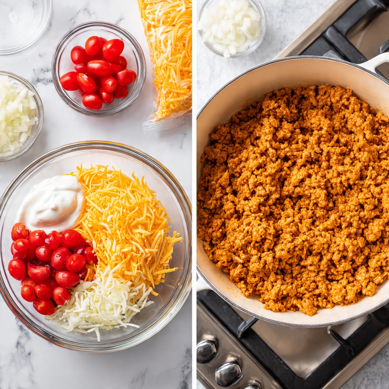 The image shows two side-by-side photos on a white marbled surface. On the left, there is a clear glass bowl filled with a mix of shredded yellow cheese, white sour cream, and red diced tomatoes, with cherry tomatoes in a smaller clear bowl above it. Next to it, there are two packs of ground turkey and a bag of taco seasoning along with chopped white onions placed nearby. On the right side, a white pot is on a stove, filled with cooked ground turkey that has a crumbly, light brown texture. The pot is centered on a gas stove burner with surrounding metallic grates. photo taken with an iphone --ar 4:5 --v 7