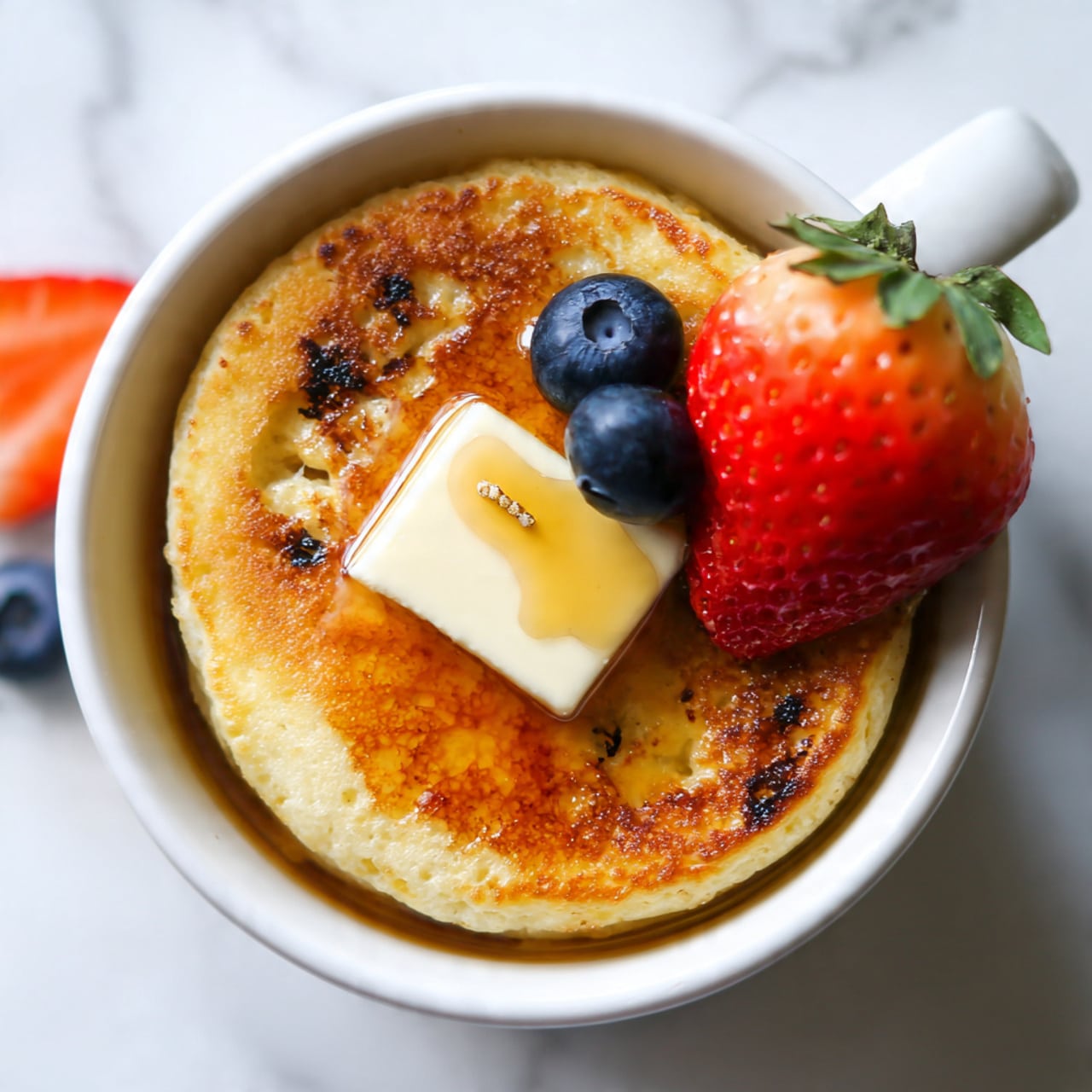 A close-up image of a single-layer golden brown pancake served in a white cup, topped with a small square of melting butter with a drizzle of honey on top, and garnished with one bright red strawberry and two plump blueberries placed near the edge of the pancake. Another blueberry and a part of a strawberry rest on a white marbled surface around the cup. The honey drips slightly down the side of the cup. Photo taken with an iphone --ar 4:5 --v 7
