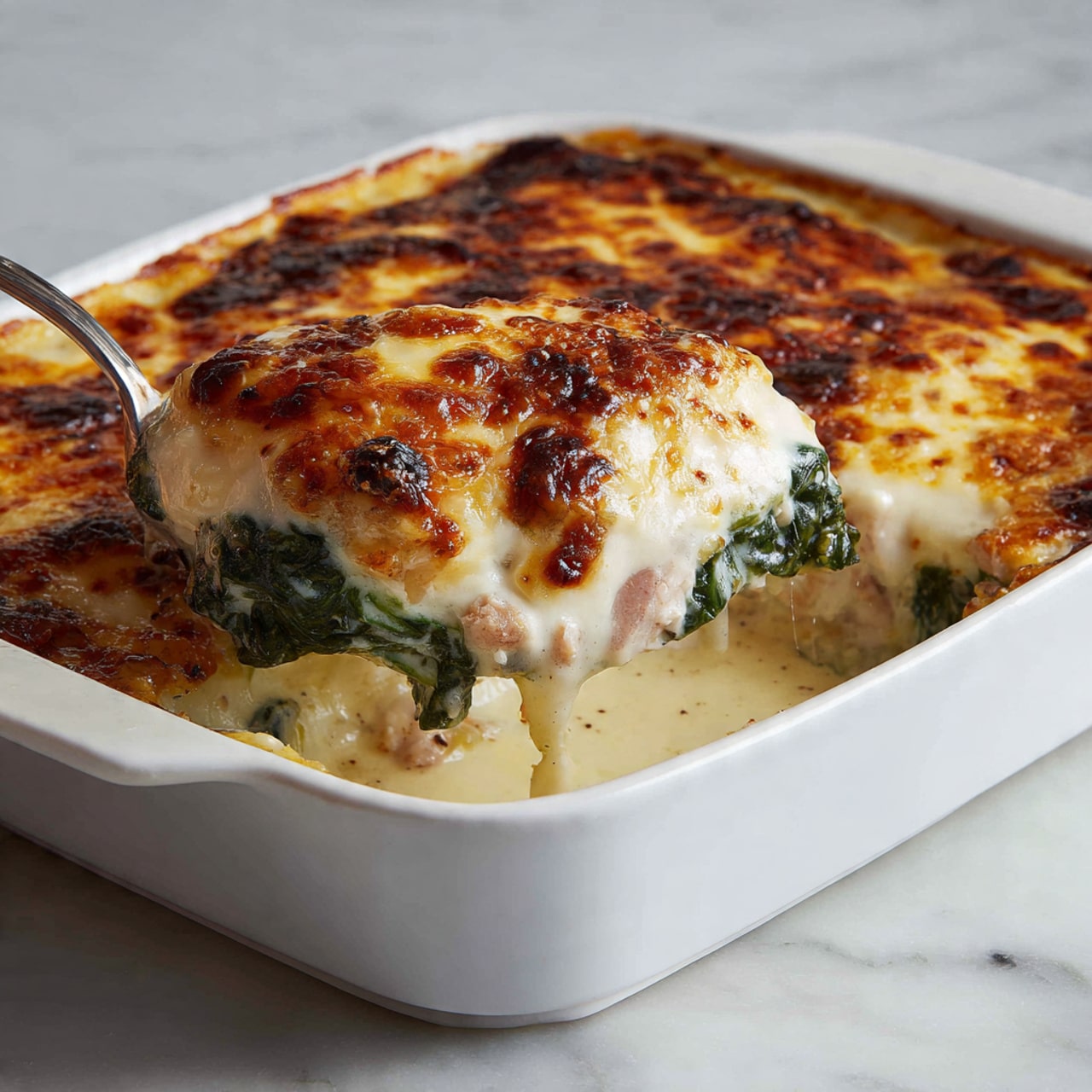 A white oven dish holds a creamy baked dish with three thick layers. The bottom layer shows dark green leafy vegetables spread evenly. The middle layer is tender white meat partially covered with melted cheese. The top layer is a golden brown melted cheese with bubbly texture and some browned spots. The edges of the dish have browned and slightly crispy bits of cheese and sauce. A silver spoon scoops out a portion from the front, showing the layers and creamy sauce pooling at the bottom on a white marbled surface photo taken with an iphone --ar 4:5 --v 7