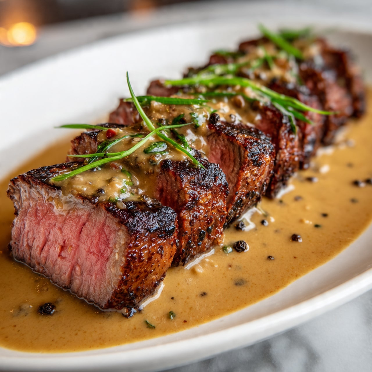The image shows a white plate with several slices of steak arranged in a row, each slice displaying a juicy, medium-cooked interior with a pink center and a dark brown grilled outer layer. The steak is covered with creamy brown sauce that has some small pieces and black pepper sprinkled on top. Green herb sprigs lie across the steak, adding a fresh contrast. The plate rests on a white marbled surface. photo taken with an iphone --ar 4:5 --v 7