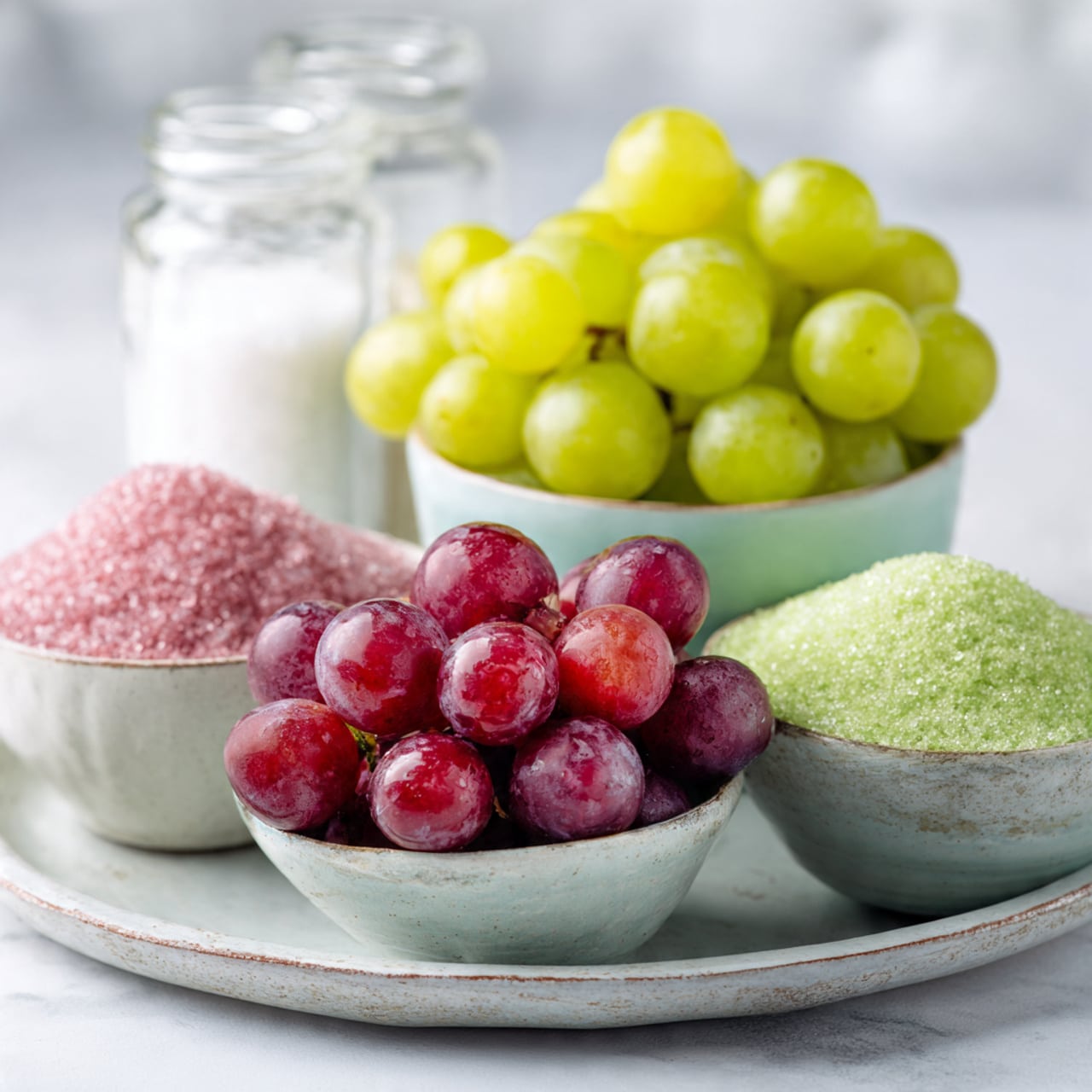 The image shows a tray with five small white bowls placed on a crumpled white paper. Two bowls at the back contain green grapes, each one full of light green, round, glossy grapes. Between them is a bowl filled with red grapes that are shiny and varied in shades of red and purple. In front there is a bowl on the left with a pink granular powder, and one on the right with a mound of green powder that has a soft, fine texture. Behind the tray, there are two blurred glass jars, one with white sugar and the other with white salt, all set on a white marbled surface. photo taken with an iphone --ar 4:5 --v 7