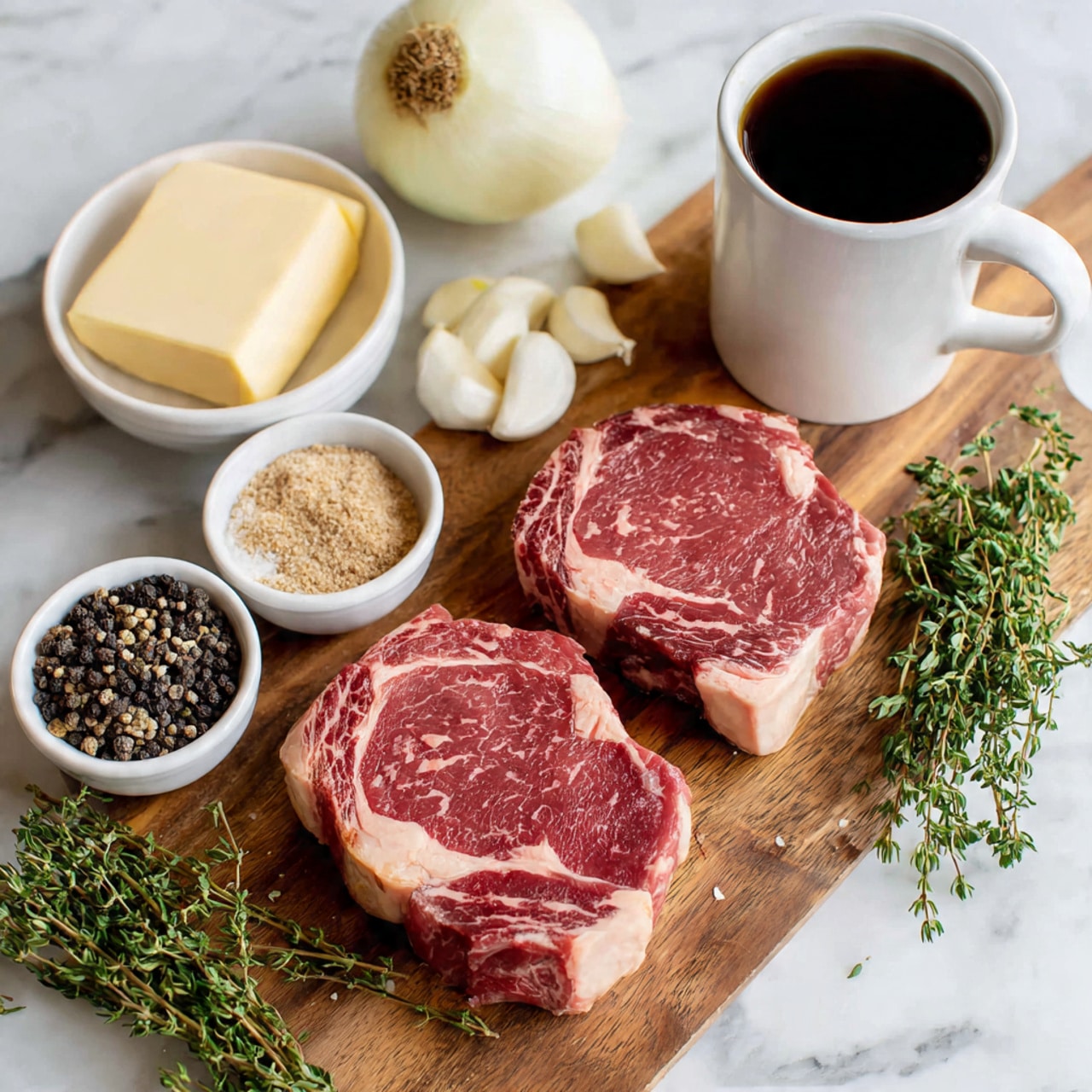 The image shows two raw steaks with marbled fat on a wooden board. Alongside the meat, there is a white bowl with a block of butter, a peeled white onion cut in half, and a small bowl of peeled garlic cloves. There are also three small bowls containing black pepper, salt, and light brown sugar. A white cup filled with a dark liquid, most likely coffee or broth, is placed on the board, next to fresh green sprigs of thyme. The background is a white marbled surface. photo taken with an iphone --ar 4:5 --v 7