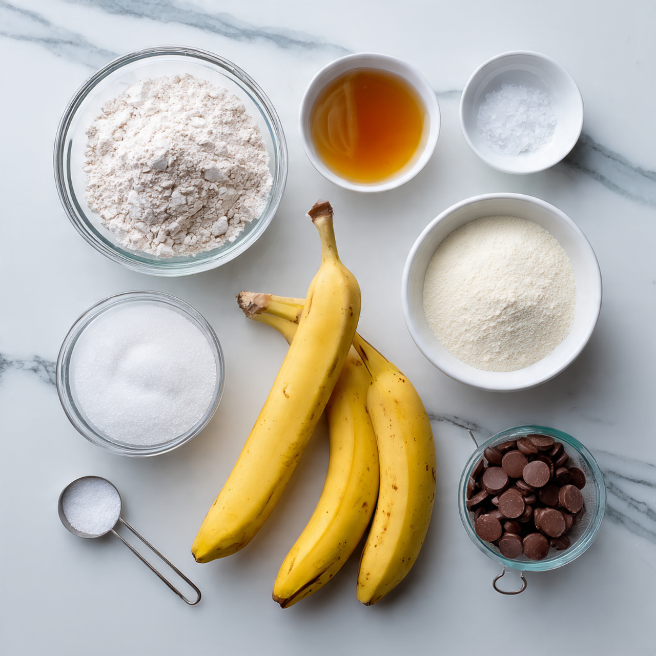 The image shows several ingredients placed neatly on a white marbled surface. There is a clear glass bowl filled with white flour at the top left, and next to it on the right is a small white bowl with coarse salt. A white bowl containing a golden brown liquid, likely vanilla extract, is in the middle left. Below that are two fresh yellow bananas with light brown spots resting side by side. To the right of the bananas is a white bowl filled with a white powdery substance, possibly baking soda or baking powder. At the bottom left is a white measuring spoon filled with white granulated sugar, and next to it on the right, a white sieve holds a quantity of white flour or sugar. Finally, a clear glass bowl at the bottom right contains small round milk chocolate pieces. The items are arranged with clear space between them on a clean white marbled surface. Photo taken with an iphone --ar 4:5 --v 7