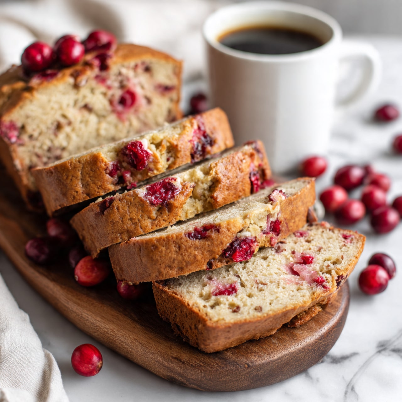 The image shows several slices of a loaf of cranberry bread stacked on a wooden board on top of a white marbled surface. The bread is light brown with visible red cranberries inside, and the texture looks soft and moist. One slice is leaning down, showing the inside with red berry chunks spread throughout. Fresh cranberries are scattered around the board. In the corner, there is a white cup with dark coffee, placed on a white cloth napkin. The overall look is warm and cozy. photo taken with an iphone --ar 4:5 --v 7