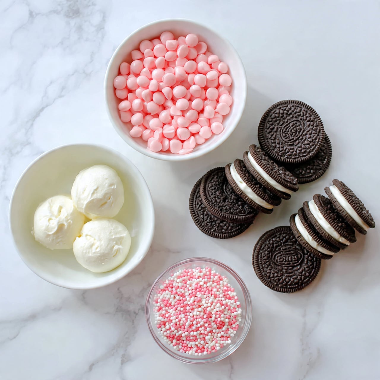 The image shows ingredients on a white marbled surface: a white bowl filled with small, round pink candy melts at the top center, a white bowl on the left containing several dollops of smooth, white cream cheese, a small clear glass bowl in the front with pink and white round sprinkles, and four neat stacks of chocolate sandwich cookies with white cream filling on the right side. The layout is clean and organized with clear textures in each ingredient. photo taken with an iphone --ar 4:5 --v 7