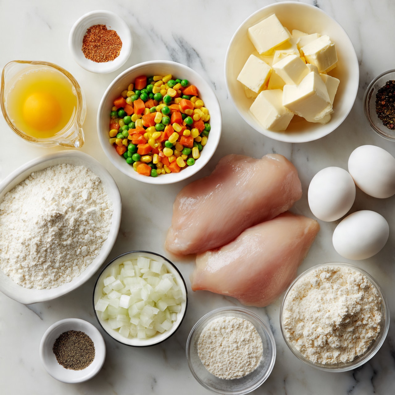 The image shows raw ingredients arranged neatly on a white marbled surface, ready for cooking. In the center, there are two raw chicken fillets with a smooth, pale pink color. Surrounding them are small white bowls filled with a variety of ingredients: one contains a mix of diced carrots, peas, and corn showing bright orange, green, and yellow colors; another holds white cubes of butter; a bowl with a cracked raw egg showing white and yolk; and a bowl with white flour. There are also small bowls with white diced onions, clear liquid likely milk, clear broth with a light yellow tint in a glass measuring cup, and some bowls of spices in black, white, and mixed colors. Everything is placed carefully on the clean white marbled surface. photo taken with an iphone --ar 4:5 --v 7