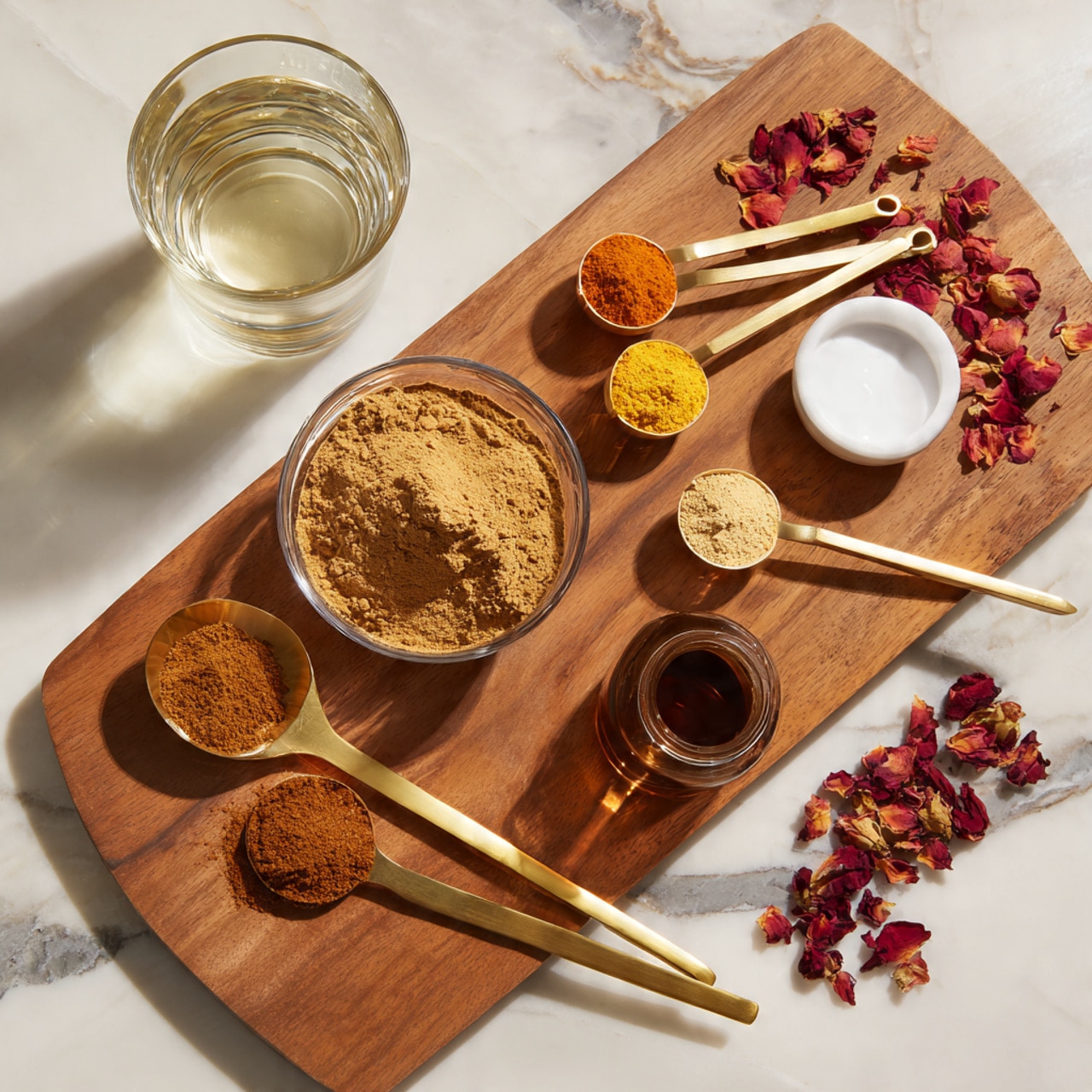 The image shows a wooden board on a white marbled surface with several cooking ingredients arranged neatly. On top of the board, there is a medium glass bowl filled with brown powder, surrounded by three gold measuring spoons with powders in orange, light yellow, and brown colors lined up side by side. Below the bowl is a small glass container with a dark brown liquid inside. To the top right of the board is a white bowl filled with a white liquid next to some dried red flower petals scattered on the board. To the top left of the board is a clear glass with water. On the left side of the board, there is a gold spoon filled with brown powder placed directly on the white marbled surface. Photo taken with an iphone --ar 4:5 --v 7