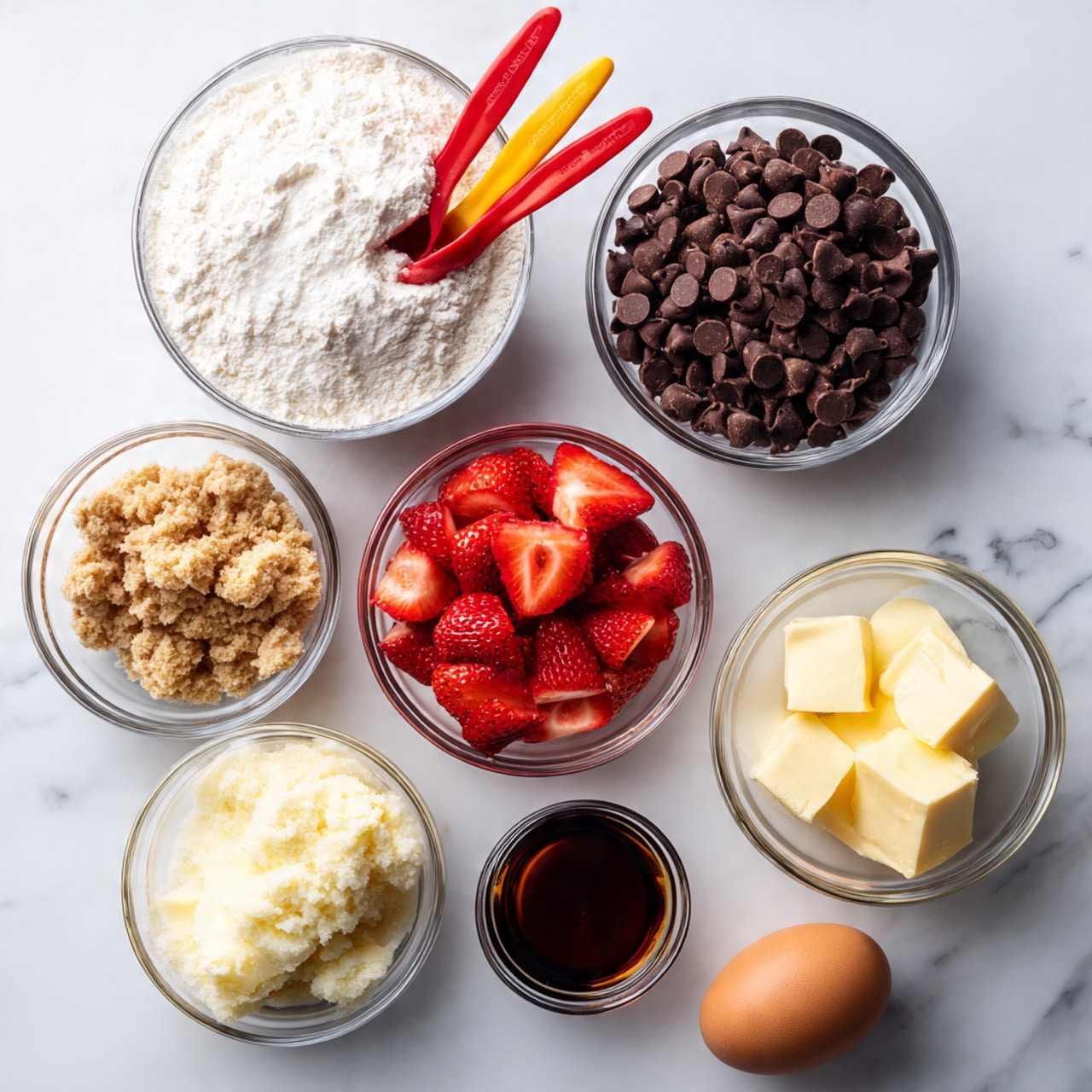 The image shows six clear glass bowls and one small glass cup arranged on a white marbled surface. The largest bowl contains white flour with two measuring spoons, one red and one yellow, resting on top. Another large bowl is filled with dark brown chocolate chips. A medium bowl is filled with bright red strawberry pieces. A smaller bowl holds light brown softened butter. Next to it, another medium bowl contains white sugar with a brown crumb topping. At the bottom, there is one brown egg, and a small glass cup filled with dark vanilla extract sits near the center. photo taken with an iphone --ar 4:5 --v 7