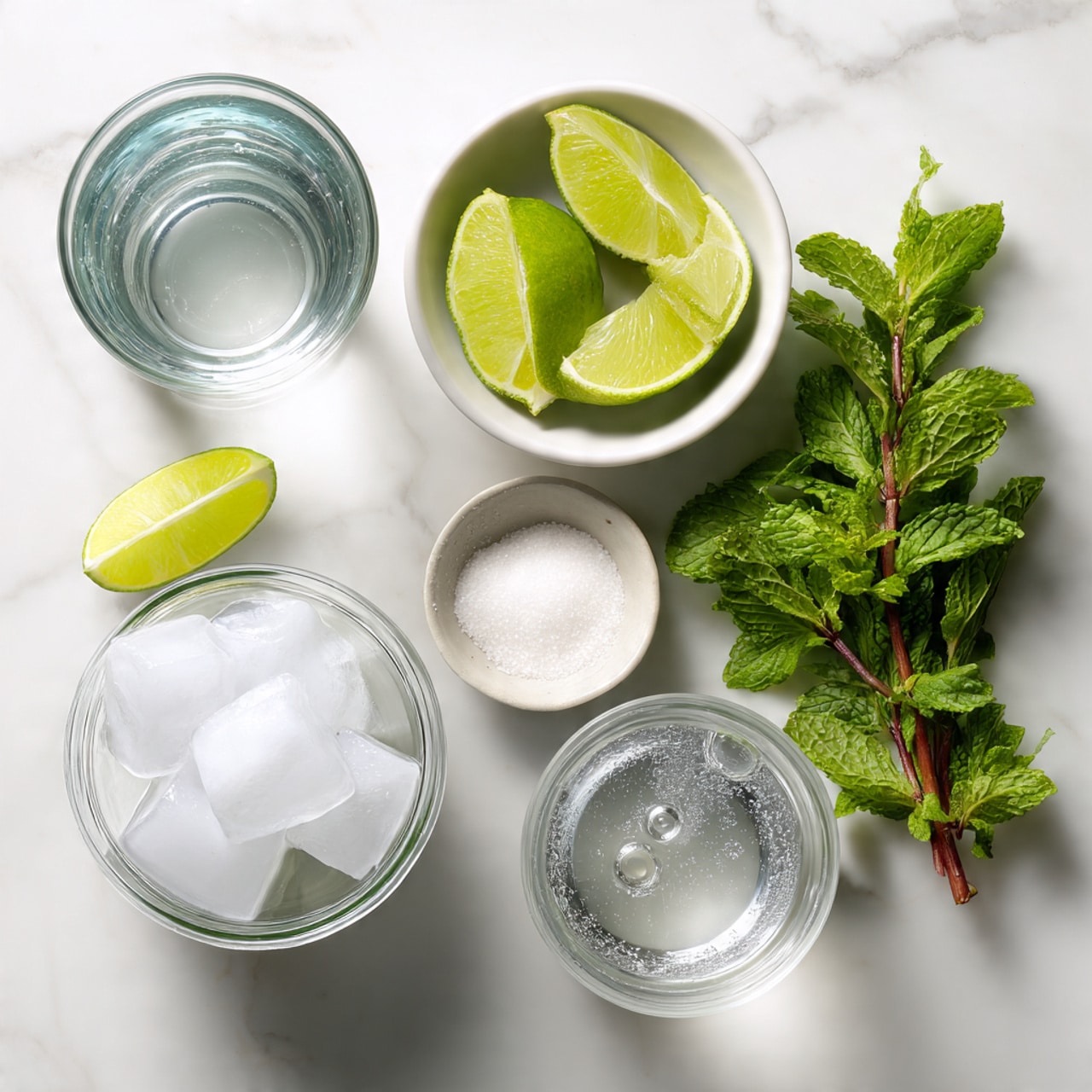 The image shows ingredients for a refreshing drink neatly arranged on a white marbled surface. At the top left, there is a clear glass filled with water, and to its right, a small white bowl holds several lime wedges showing bright green skin and juicy light green flesh. Below the glass of water is a small white bowl filled with fine white sugar. Near the center right is a fresh bunch of mint leaves with green textured leaves and reddish brown stems. At the bottom left, a jar is filled with round ice cubes that look clear and smooth. Finally, at the bottom right, there is another clear glass with water and some air bubbles visible inside. Photo taken with an iphone --ar 4:5 --v 7