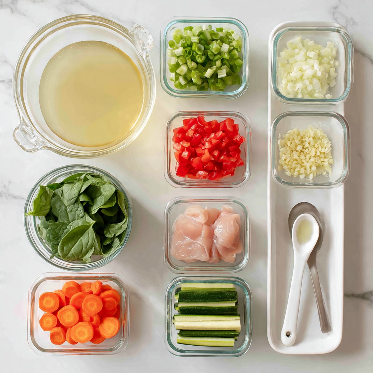 A top-down image shows nine separate glass bowls and one white tray arranged neatly on a white marbled surface. At the top left, a large glass bowl holds light yellow liquid broth. To the right, three smaller clear glass bowls contain light green chopped celery, white diced onions, and bright red diced tomatoes with juice. Below, a medium glass bowl is full of fresh green spinach leaves. To its right, a small white spoon-shaped bowl holds minced light yellow garlic. Next to that is a white tray holding two raw pale pink chicken pieces. Below, three clear glass bowls contain sliced orange carrots, thick green beans, and sliced green zucchini with light cream insides. The image is bright and clean, focused on fresh ingredients in simple bowls photo taken with an iphone --ar 4:5 --v 7