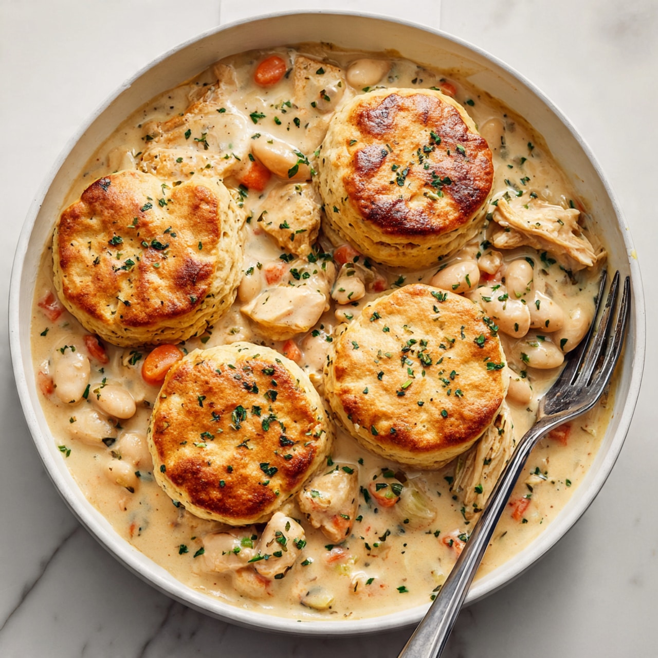 A white round pan filled with creamy chicken stew showing chunks of chicken, small diced carrots, and white beans all mixed in a thick light beige sauce. On top, there are four golden brown biscuit rounds, each with a flaky texture and a crisp surface sprinkled with green herbs. The creamy sauce surrounds the biscuits and fills the pan edges, with a fork resting on the right side. The whole scene rests on a white marbled surface. photo taken with an iphone --ar 4:5 --v 7