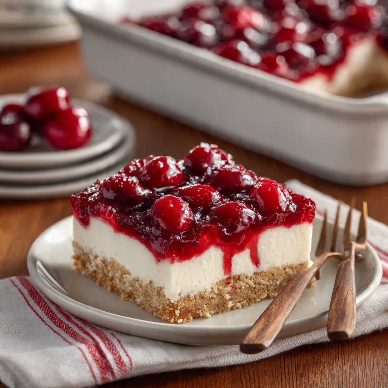 The image shows a slice of cherry cheesecake bar on a white plate. It has three layers: a bottom layer of light brown crumbly crust, a middle layer of smooth white cream cheese filling, and a top layer of bright red cherry topping with whole cherries and shiny glaze. The plate is on a wooden table, next to a white baking dish with two red stripes on the side, filled with the same cherry cheesecake bars. A white napkin with red stripes and a wooden-handled fork are nearby. The photo is taken with an iphone --ar 4:5 --v 7