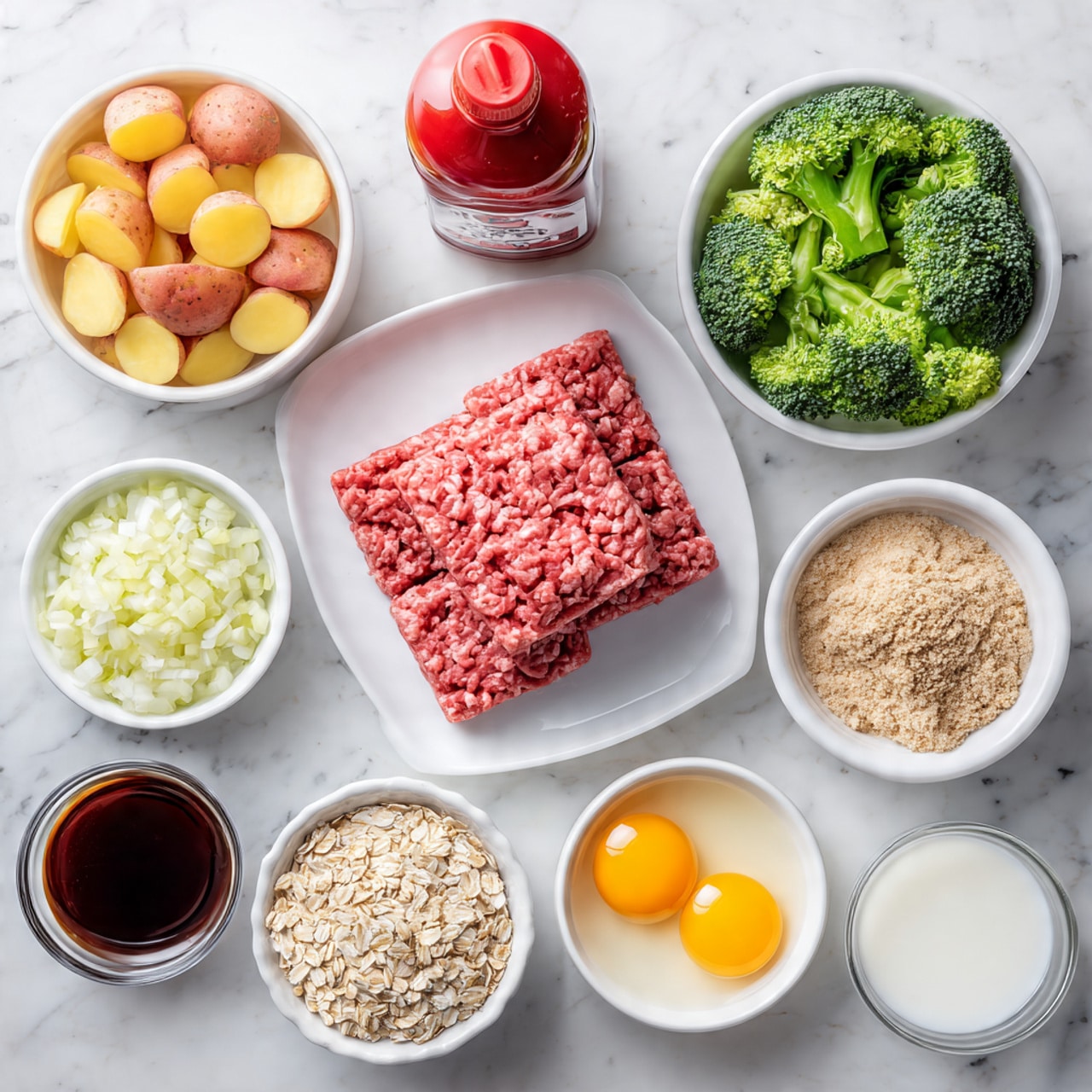 The image shows various ingredients placed in white bowls and a white plate on a white marbled surface. In the center, there is a white plate with two layers of raw ground meat, one square and one rectangular, both pinkish-red with fat sprinkled. To the upper left, a white bowl holds small, sliced potatoes in shades of yellow and red, while to the upper right, another bowl is filled with bright green broccoli florets. Below the broccoli, a small white bowl contains finely chopped white onions. Near the bottom right, a white bowl holds two raw eggs with yellow yolks. Other small white bowls contain light brown sugar, dry oats, and a milky white liquid. A glass bowl at the bottom left holds a dark brown liquid, likely soy sauce or similar. On the far left is a bottle of ketchup with a red label. The arrangement is neat and visually balanced, with the various textures and colors clearly shown, all on a white marbled background. photo taken with an iphone --ar 4:5 --v 7