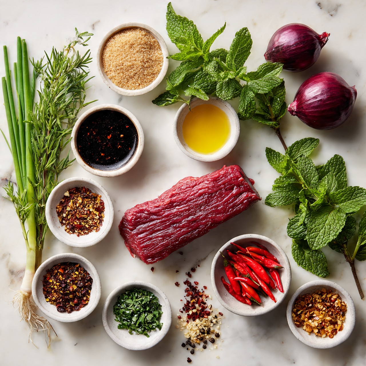 The image shows a top view of various ingredients neatly arranged on a flat surface with a white marbled texture. In the center, there is a raw piece of red meat with a smooth texture. Around it are small white bowls containing light brown sugar, yellow oil, and dark soy sauce. Fresh herbs like green onions and mint leaves are placed at the top, while two shallots with purple skin are near the upper right corner. Bright red chili peppers are scattered near the bottom middle, along with small piles of dried chili flakes, brown spices, and green spices. The overall scene is colorful and organized, with natural lighting that shows the fresh and dry ingredients clearly. photo taken with an iphone --ar 4:5 --v 7