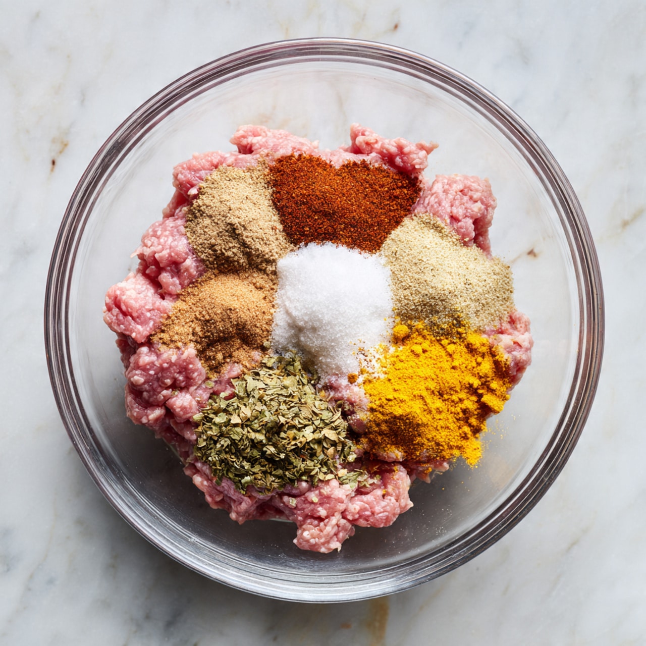 A clear glass bowl sits on a white marbled surface, filled with ground pink meat as the base layer. On top, there are six different spices placed in small mounds in a circle: a reddish-brown powder, a light brown powder, a white salt pile, a greenish dried herb, a yellow mustard seed mix, and a beige powder. The spices contrast with the pink meat, creating a colorful arrangement. Photo taken with an iphone --ar 4:5 --v 7