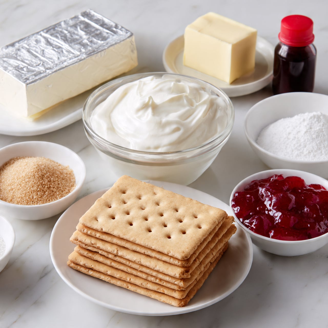 A white plate holds two neat stacks of light brown graham crackers with a slightly rough texture and small holes. Above it, a glass bowl filled with thick, smooth white cream sits in the center. Surrounding the cream, on a white marbled surface, are small white bowls; one with light brown sugar, another with bright red cherry topping that looks shiny and thick. To the right, a small black bottle with a red cap stands next to a wrapped stick of pale yellow butter. In the upper left corner, two silver wrapped blocks of cream cheese are stacked. Below the sugar bowl, a smaller white bowl holds white powdered sugar with a fine texture. Photo taken with an iphone --ar 4:5 --v 7