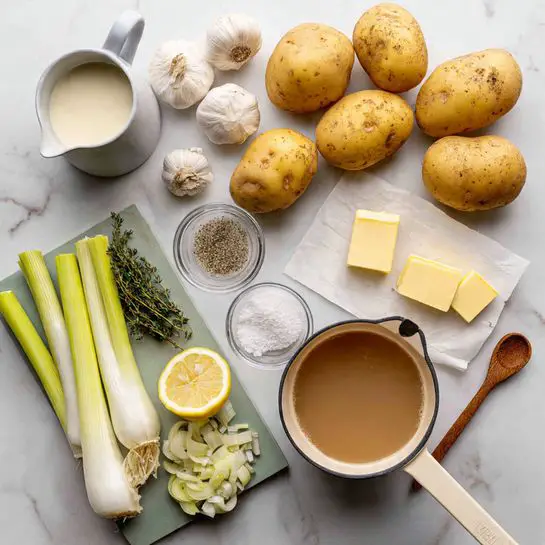 The image shows a collection of cooking ingredients arranged neatly on a white marbled surface. Four whole yellow potatoes with some brown spots are placed near the center top. To their right, there are small square pieces of pale yellow butter on white paper. Below the potatoes and butter is a clear glass measuring cup filled with light brown broth, next to a small white plate holding green thyme sprigs and coarse salt mixed with black pepper. On the left side, a light green cutting board holds cut pale green leeks, some white onion pieces, and half a yellow lemon sliced in half showing bright yellow and white flesh; a gray-handled knife rests nearby. A small glass pitcher filled with cream and a cluster of garlic cloves are placed on the top left corner. A pale brown pan with white handles and a wooden spoon inside is visible at the bottom right corner. Everything rests on a white marbled surface. Photo taken with an iphone --ar 4:5 --v 7