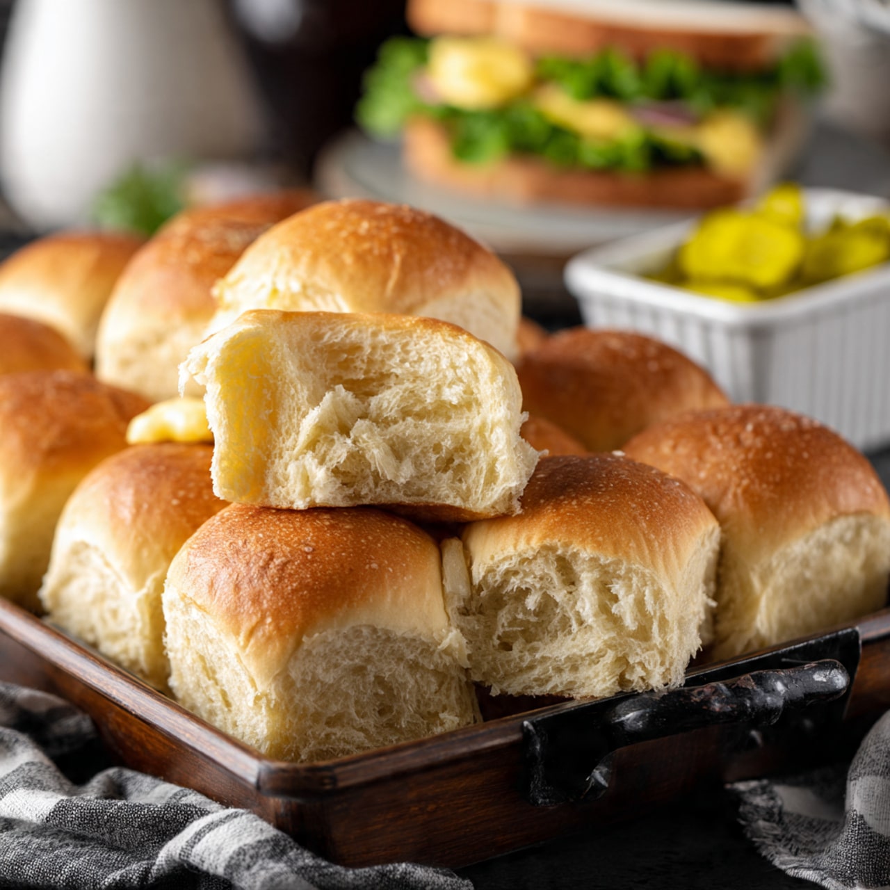 The image shows a tray full of golden brown soft dinner rolls, some stacked and others placed closely together. One roll is partially broken in half, revealing its fluffy, white inside. In the background, a white dish holds a single butter square, and a sandwich is visible with a roll split open and filled with butter and a layer of green pickles. The whole scene is set on a dark wooden surface. photo taken with an iphone --ar 4:5 --v 7