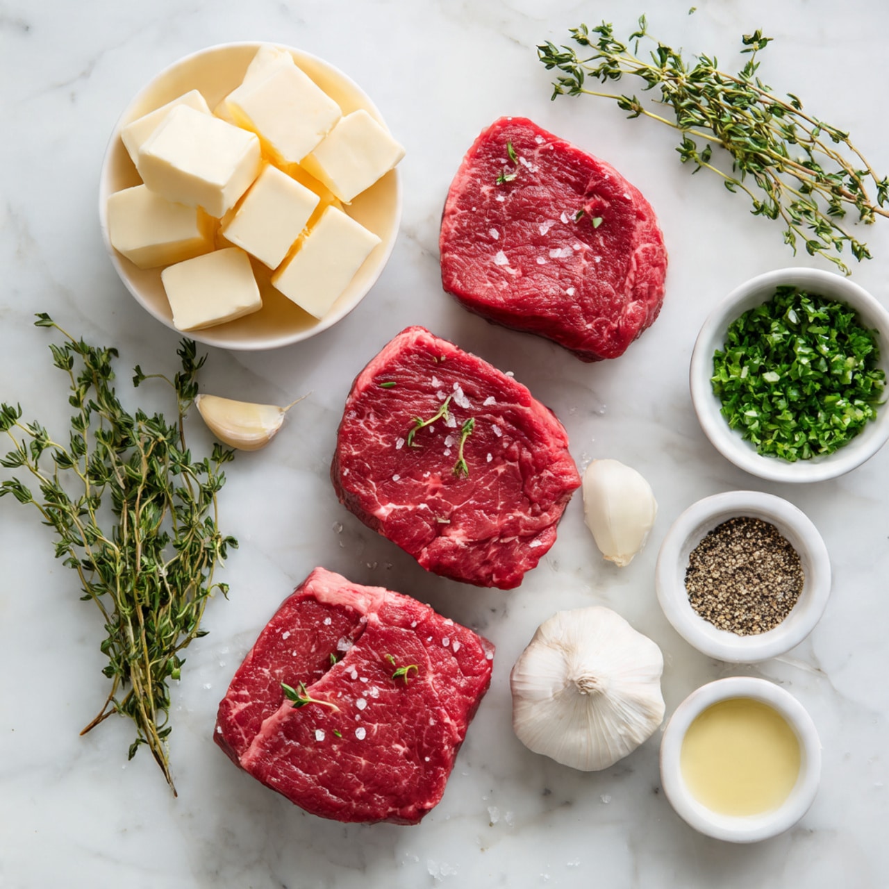 The image shows three raw red steaks laid side by side on a white marbled surface. Around the steaks, there are several small white bowls: one holds pale yellow cubes of butter, another contains chopped green herbs, and one has white garlic bulbs. There are sprigs of fresh green thyme near the steaks. A small white bowl contains ground black pepper, and another small bowl has a light yellow sauce or mustard. The scene is clean and organized, with all ingredients displayed neatly on the white marbled background. Photo taken with an iphone --ar 4:5 --v 7