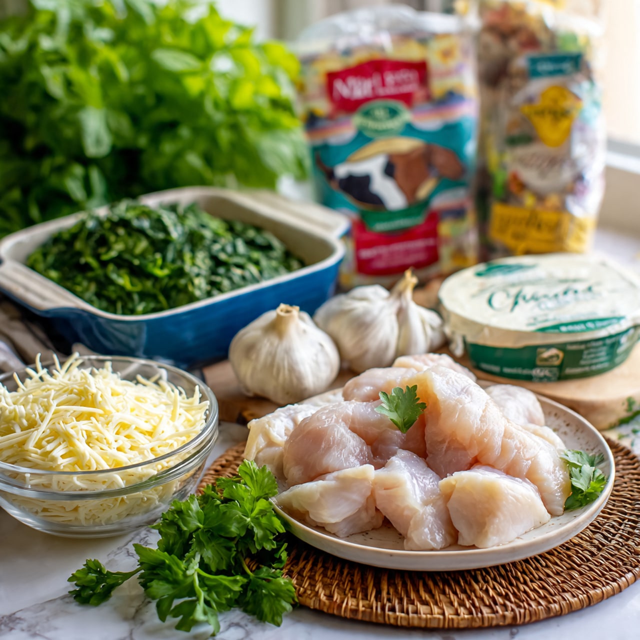 The image shows fresh raw chicken pieces placed on a white plate with a slight texture, resting on a circular brown woven mat. Behind the chicken, there is a large white baking dish with blue sides sitting on a white marbled surface. Next to the dish, a colorful bag of chopped spinach stands upright, with the label mostly red, white, and green. A block of cream cheese with a colorful wrapper and an image of a cow is nearby. In front, a clear glass bowl filled with shredded cheese is visible, along with two smaller clear bowls, one containing a white creamy sauce and the other holding grated cheese. Two heads of garlic and a sprig of fresh green parsley complete the setting. The background is bright and softly lit, enhancing the fresh and clean look of the ingredients. photo taken with an iphone --ar 4:5 --v 7