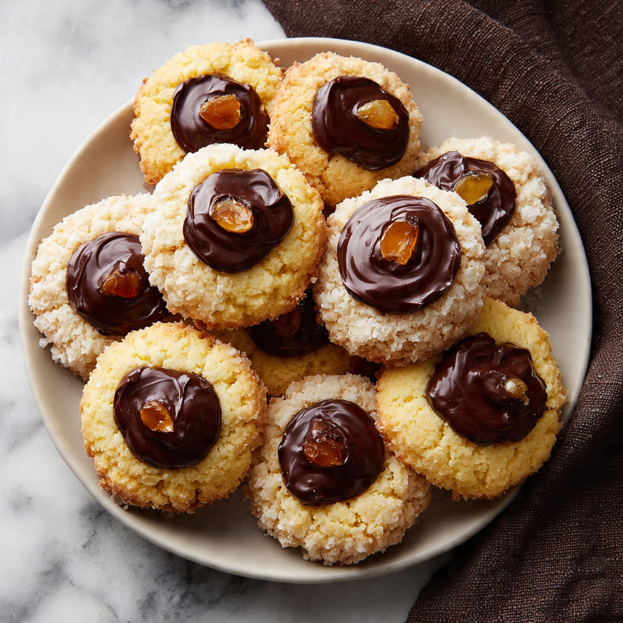 A round white plate filled with two layers of round cookies arranged closely. Each cookie has a pale yellow base with a slightly crumbly texture, topped with a dollop of smooth, shiny dark chocolate in the center. Some cookies show a small shiny nut or fruit piece placed on the chocolate. The plate is set on a white marbled surface with a dark brown textured cloth nearby. A woman's hand is reaching from the side, gently touching one cookie. photo taken with an iphone --ar 4:5 --v 7