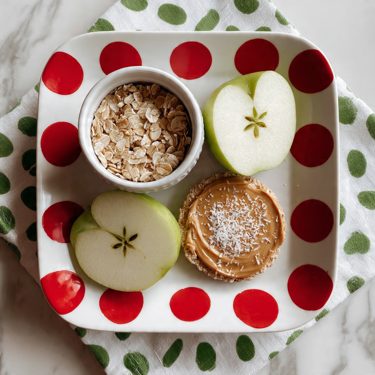 A square white plate with big red polka dots on it sits on a white marbled surface with a green and white polka-dotted cloth underneath. On the plate, there is a small white bowl filled with dry oatmeal flakes mixed with some nuts. Next to the bowl, there are two apple halves, both light green with soft pale yellow inside and visible star-shaped seed patterns in the center. One apple half is sitting on top of a round cracker spread with smooth peanut butter and sprinkled with white shredded coconut. The other apple half lies flat on the plate. The colors are natural and the textures include crunchy oatmeal, smooth peanut butter, soft apple flesh, and fluffy coconut flakes. Photo taken with an iphone --ar 4:5 --v 7