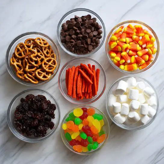 The image shows seven clear glass bowls placed on a white marbled surface. Each bowl contains a different snack or candy: the first bowl holds golden-brown pretzel sticks; the second bowl contains shiny dark brown chocolate-covered pieces; the third bowl is filled with bright orange, yellow, and white candy corn; the fourth bowl has dark brown raisins; the fifth bowl is full of bright red licorice sticks, neatly arranged; the sixth bowl contains colorful, small gummy candies in red, green, yellow, and orange; and the seventh bowl is filled with small, white marshmallows. The bowls create a scattered but organized spread, with shadows of the bowls visible on the white marbled surface. photo taken with an iphone --ar 4:5 --v 7