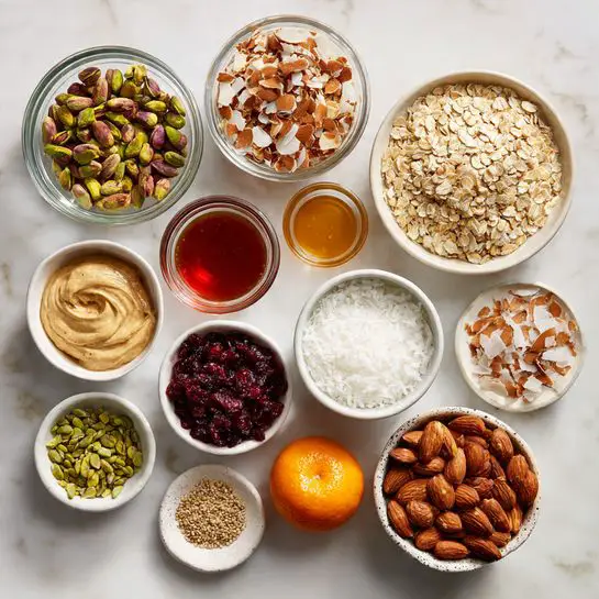 The image shows multiple clear glass and white bowls arranged neatly on a white marbled surface, each filled with different ingredients. The largest bowl on the top right contains light beige rolled oats with a dry, coarse texture. To its left, there is a bowl of pistachios with a mix of green and brown colors. Below it, a bowl of light beige sliced almonds is placed, displaying a thin, smooth texture. Next to these, there are two small bowls with dark amber and light amber liquid syrups, showing smooth, glossy surfaces. Toward the center, a small white bowl contains creamy beige tahini with a smooth and thick texture, and beside it, another small bowl holds shredded white coconut flakes with a rough, fibrous look. On the bottom right, a bowl is filled with whole almonds that are brown and smooth. Above that, a clear bowl contains dark red dried cranberries with a wrinkled, shiny texture. In the bottom left corner, a white bowl has green pumpkin seeds that are flat and glossy. Near it, a smaller bowl contains tiny, light brown hemp seeds with a soft texture, and beside them, a small white bowl holds coarse sea salt with a grainy texture. An orange fruit with a bright, smooth skin sits near the center bottom, adding a vibrant pop of color. photo taken with an iphone --ar 4:5 --v 7