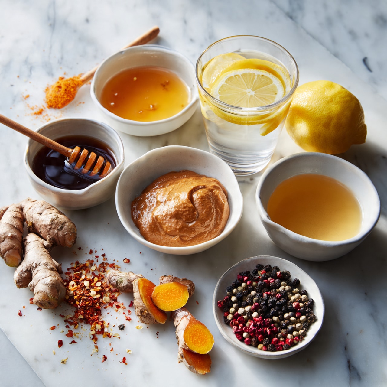 The image shows a white marble surface with various small white bowls and arranged fresh ingredients. Starting from the left, a bowl with dark brown honey and an orange wooden honey dipper resting beside it, a bowl filled with a smooth brown paste, and a shallow bowl of light yellow liquid next to it. In the center, fresh whole turmeric root pieces and slices laid neatly beside a sliced open lemon half, while a clear glass cup with transparent warm lemon water containing two lemon slices is placed nearby. On the right side, a white bowl filled with a greenish tea-like liquid, beside it a halved lemon and scattered small pieces of a root, and a small white bowl containing mixed black and red peppercorns and chili flakes. The setting is simple and clean with natural warm light, photo taken with an iphone --ar 4:5 --v 7