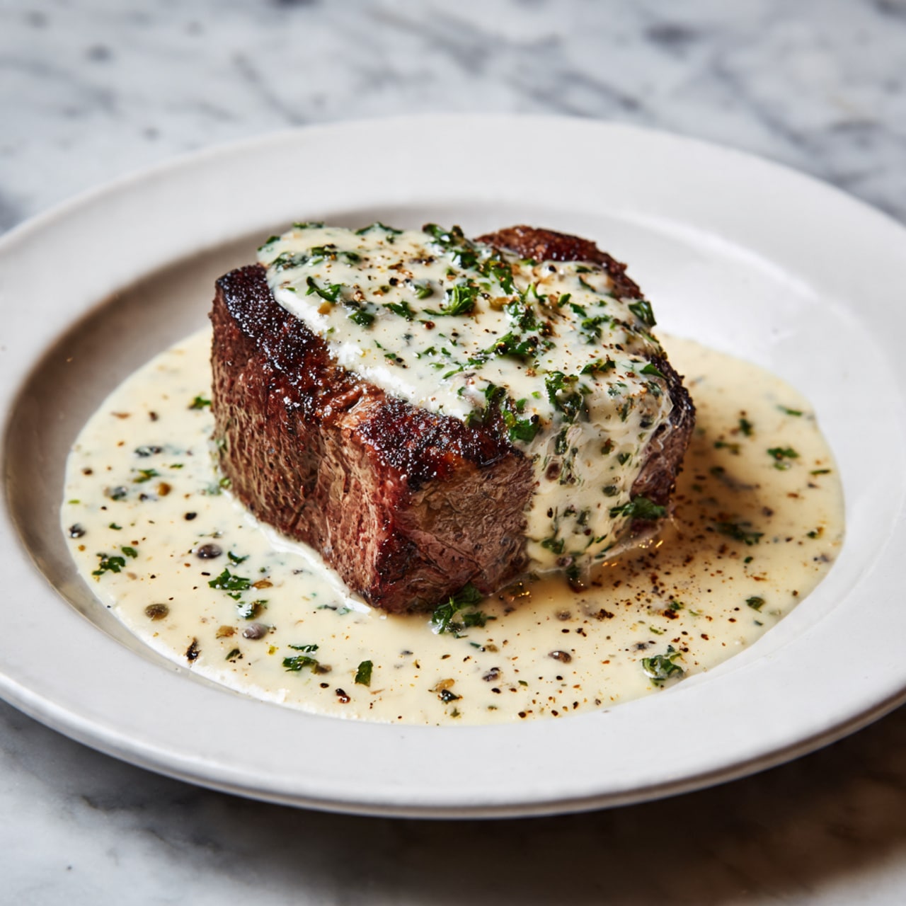 A single cooked steak with a brown, slightly charred surface is placed on a white plate. The steak is covered in a thick, creamy white sauce with green herbs sprinkled on top. The sauce flows around the steak and pools on the plate, showing a smooth texture with small pieces of herbs and black pepper. The background is a white marbled surface. photo taken with an iphone --ar 4:5 --v 7