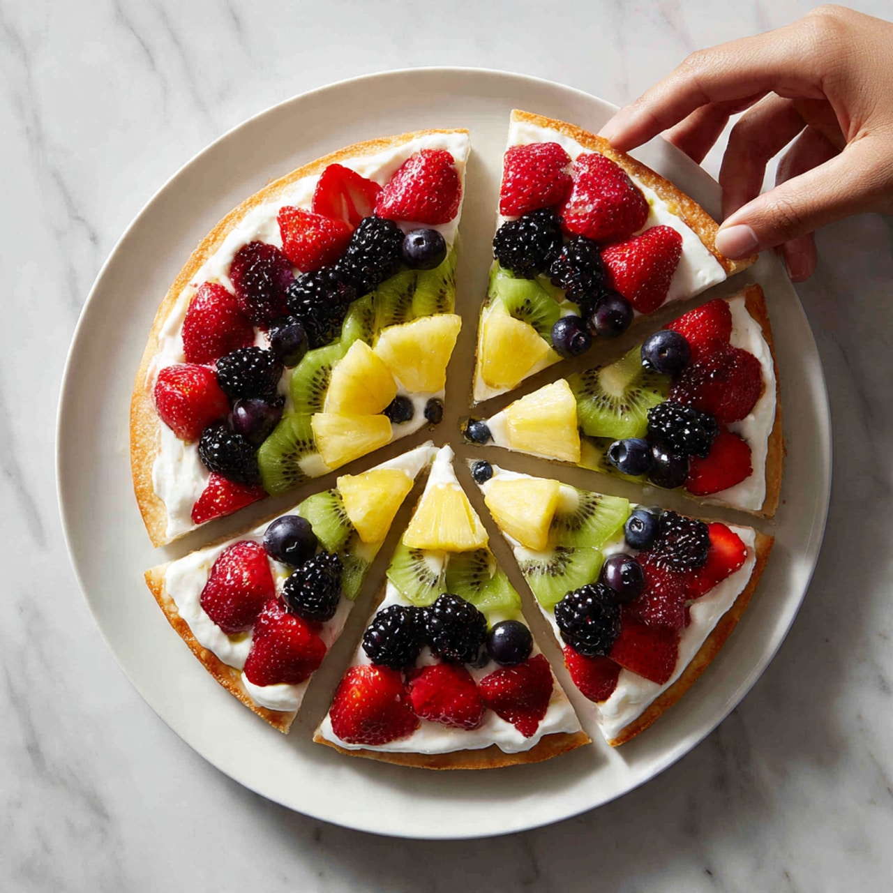 The image shows a round fruit pizza placed on a white plate. The crust is thin and golden brown, topped with a smooth white cream layer. On top of the cream, there is an outer ring of bright red strawberries sliced in halves, followed by a middle ring of dark blackberries with a bumpy texture. Near the center, there are slices of light green kiwi with tiny black seeds, and fresh yellow pineapple pieces are placed in the very middle with a few small dark blueberries scattered over the top. A woman's hand is reaching to take a slice. The background surface is white marble. Photo taken with an iphone --ar 4:5 --v 7