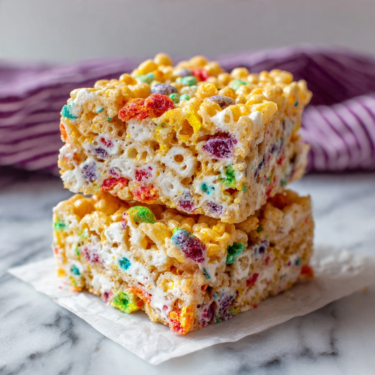 The image shows a square-shaped dessert with three layers on a white plate. The bottom layer is a crumbly, light brown crust. The middle layer is thick, creamy, and white. The top layer is glossy and bright red with whole cherries embedded in a shiny cherry sauce. The dessert is on a white marbled surface, and in the background, there is a white baking dish with two red stripes near the top edge, filled with the same dessert. A folded white and red striped cloth and a knife with a wooden handle are next to the plate. Photo taken with an iphone --ar 4:5 --v 7