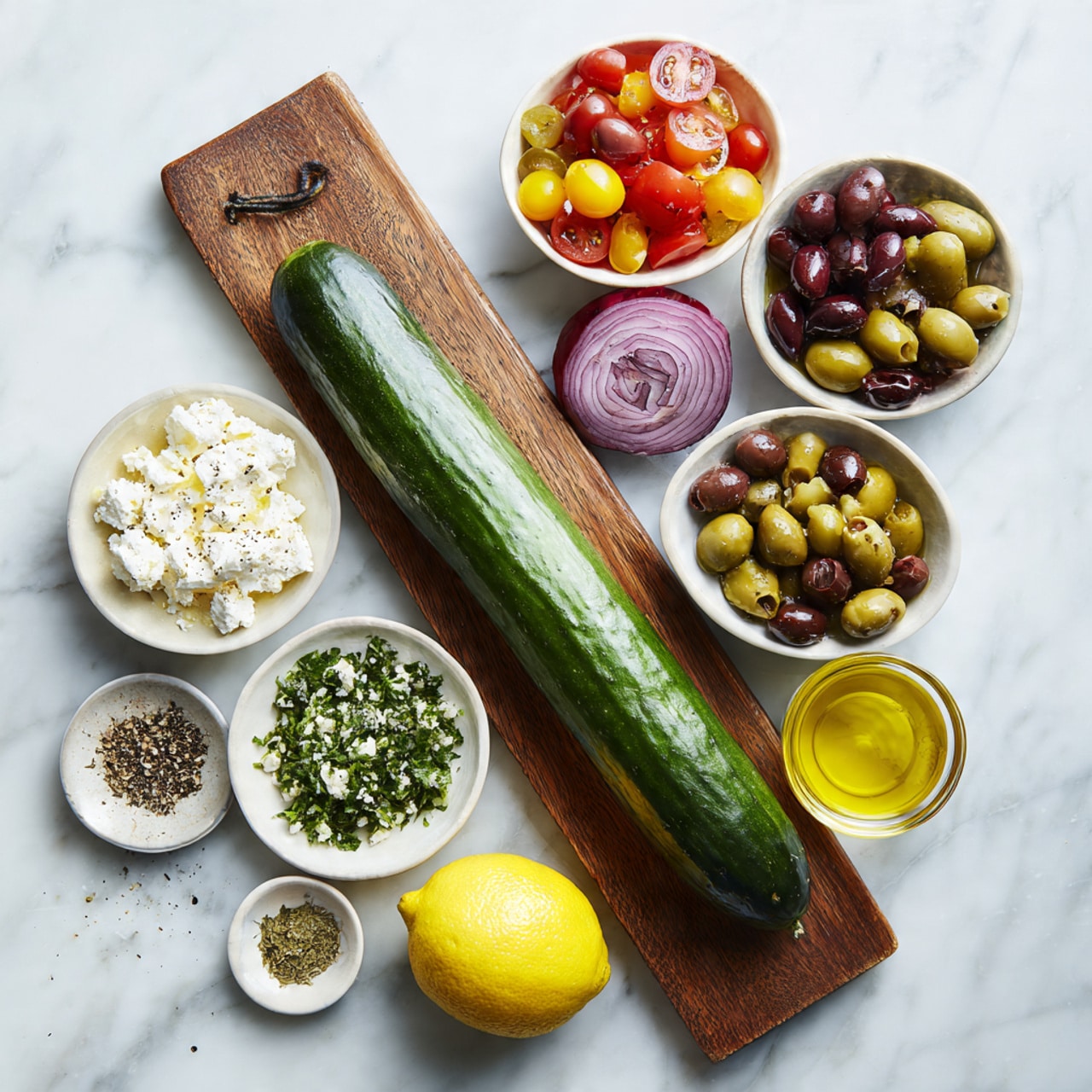 A wooden board on a white marbled surface holds a long dark green cucumber in the center. Around it are seven white bowls: one filled with mixed red and yellow grape tomatoes, another with green, black, and purple olives, one with crumbled white cheese, a small bowl of chopped green herbs, and a dish with salt, black pepper, and dried green seasoning. Half a lemon and half of a red onion lie beside the cucumber, with a small glass bowl of golden olive oil nearby. A woman's hand holds the board slightly from the side. Photo taken with an iphone --ar 4:5 --v 7