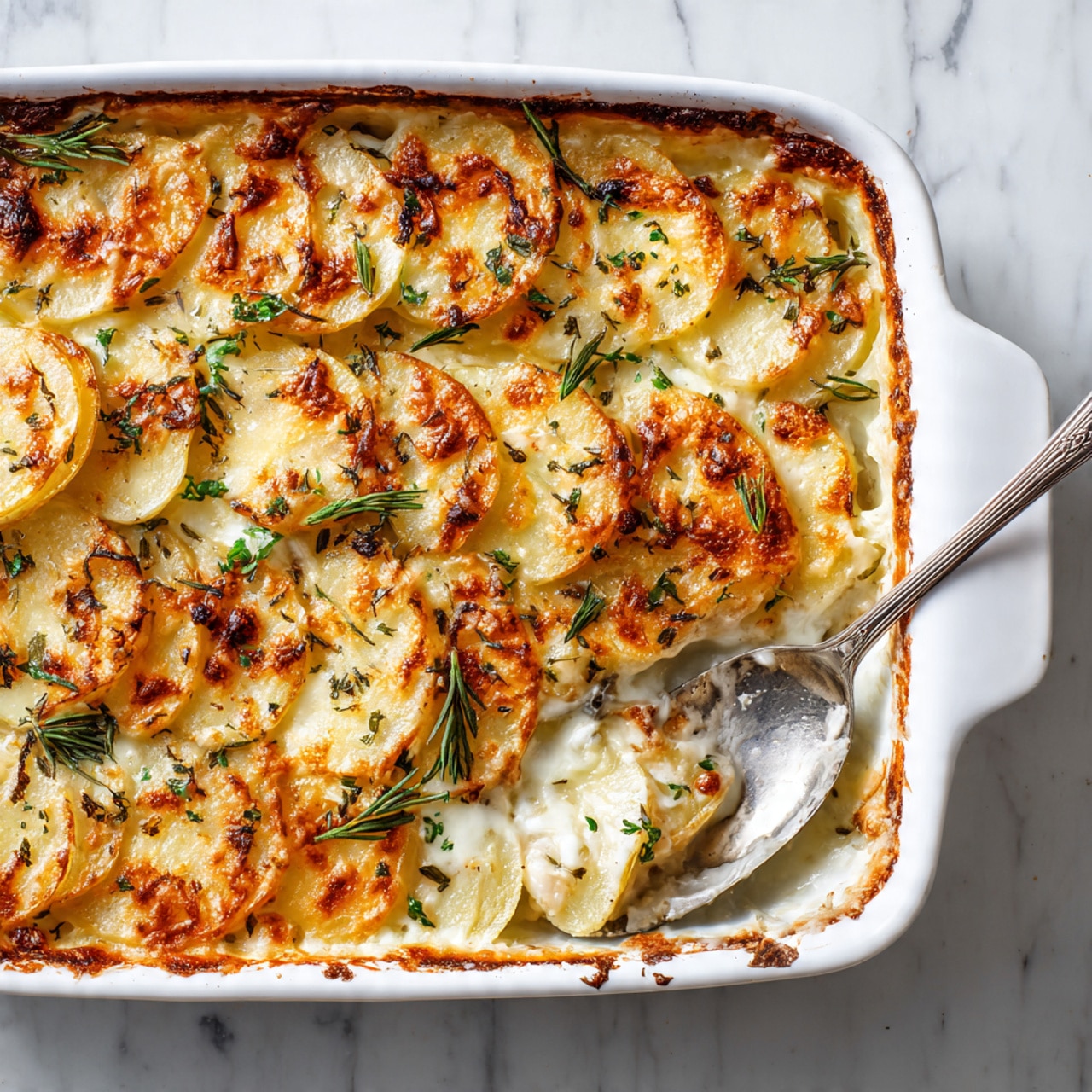 A white rectangular baking dish filled with layers of thin, evenly sliced potatoes arranged in overlapping rows, each slice showing a golden brown color with crispy edges. The top layer has small bits of browned herbs and melted cheese scattered over it, adding a slightly textured look. There is a silver spoon resting inside the dish, slightly scooping out the creamy potatoes. The dish is placed on a white marbled surface with small green herb sprigs around it, showing a fresh touch. photo taken with an iphone --ar 4:5 --v 7