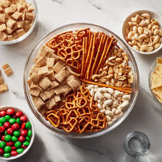 The image shows a large clear glass bowl filled with four different snack layers divided into sections: light brown square cereal pieces with a woven texture, small round beige cereal loops, thin golden-brown pretzel sticks, and some smaller orange pretzel pieces. Around the bowl, there are three smaller white bowls on a white marbled surface: one bowl with light beige peanuts, one with white candy melts shaped like chips, and one with bright red and green M&M candies. A small clear glass cup is also nearby. photo taken with an iphone --ar 4:5 --v 7