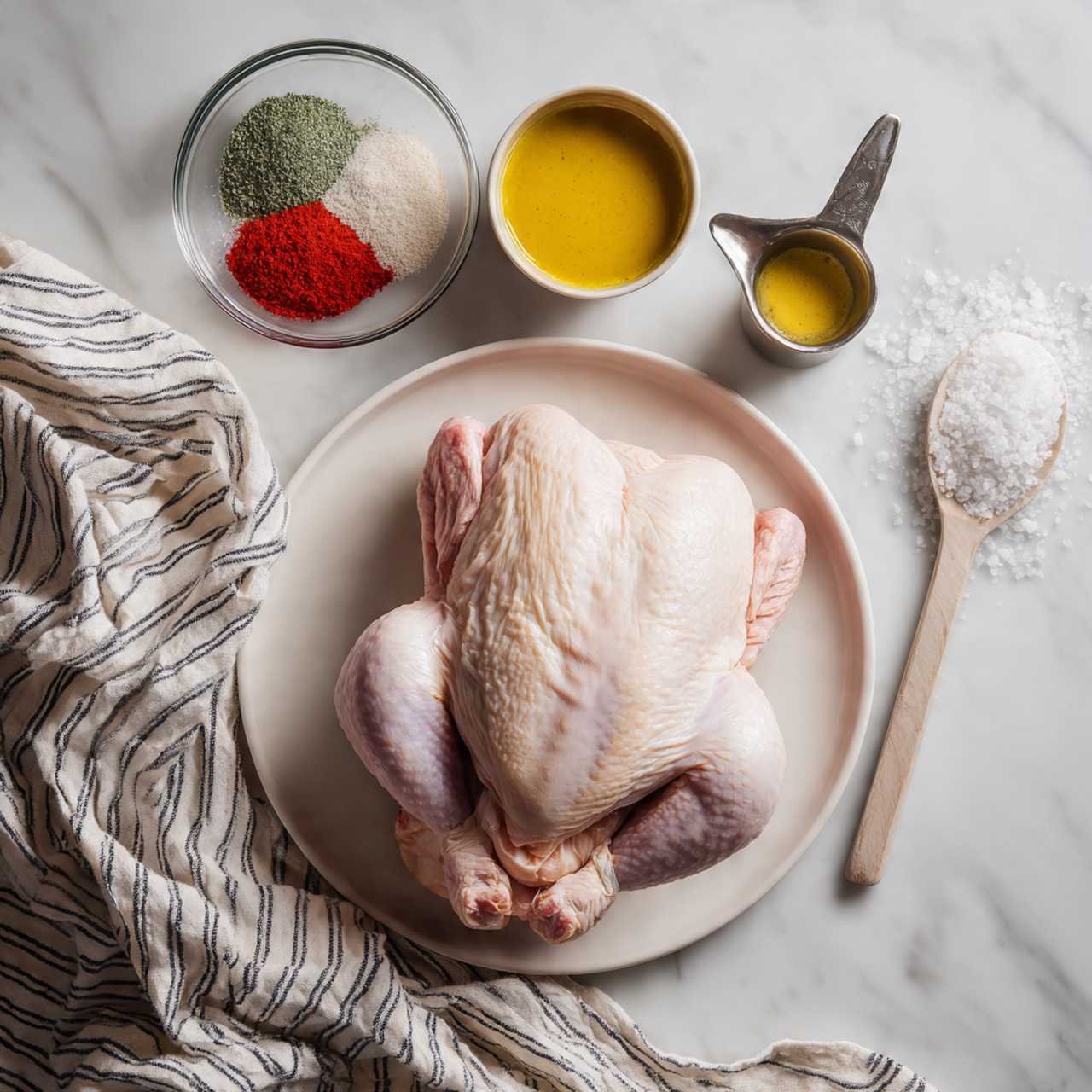 A raw whole chicken placed in the center of a round white plate on a white marbled surface. Around the plate, there is a small clear bowl with colorful spices including red, green, and white powders. Next to it is a small silver cup filled with yellow mustard sauce, and a white wooden spoon holding coarse salt. On the right side of the image, a striped cloth is partly visible, adding a soft texture to the scene. photo taken with an iphone --ar 4:5 --v 7