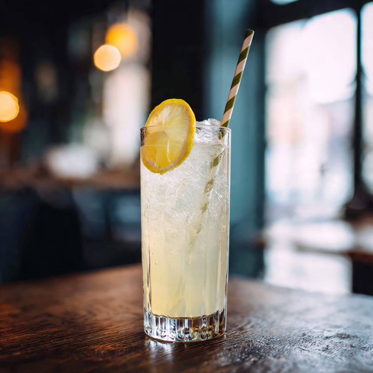 A tall, clear glass filled with a light yellow, slightly cloudy drink with a smooth, icy texture at the top. A thin, round lemon slice rests on the rim of the glass, and a striped straw is inserted from the top, slightly tilted. The background is softly blurred, focusing attention on the drink, which is placed on a dark wooden surface. photo taken with an iphone --ar 4:5 --v 7