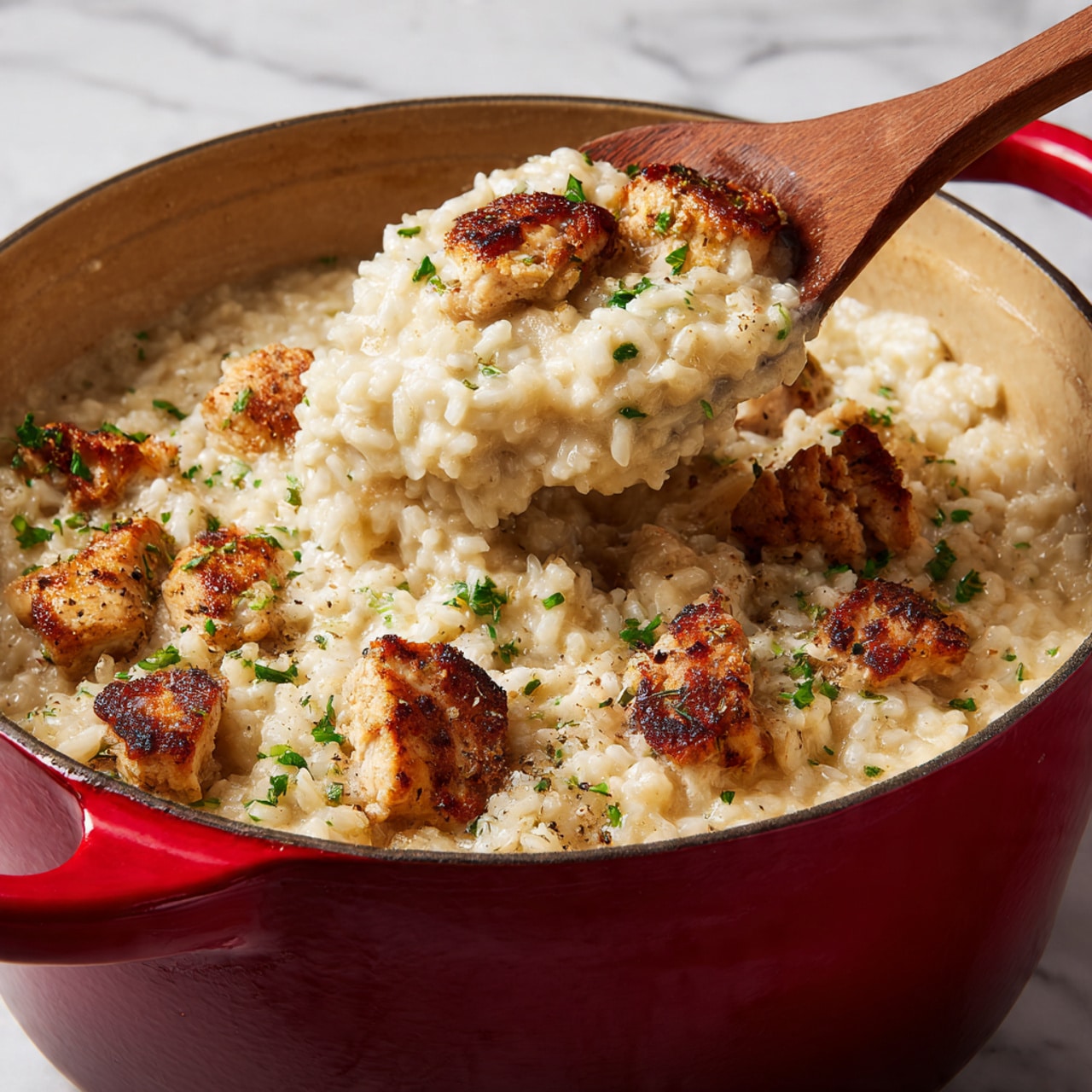 A close-up of a red cast iron pot filled with creamy risotto and pieces of golden-brown chicken on top. The risotto has a soft, creamy texture with flecks of green herbs sprinkled over it. The chicken pieces are browned with a slight crisp edge, sitting scattered over the creamy rice. A wooden spoon is lifting a portion of chicken and risotto from the pot. The background is a white marbled texture. Photo taken with an iphone --ar 4:5 --v 7