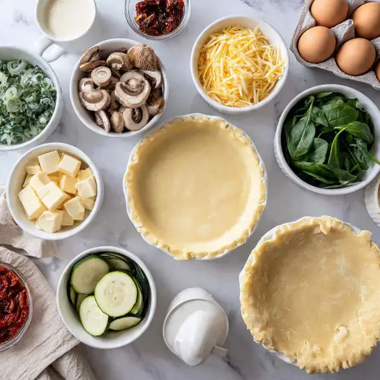The image shows several white bowls and containers arranged neatly on a white marbled surface, each holding different ingredients for a recipe. In the top right, there is a white bowl with light yellow pie dough shaped into a round crust. Surrounding this are various white bowls containing raw brown mushrooms, chopped light purple onions, fresh green spinach leaves, small green zucchini slices, shredded yellow cheese, bright red sun-dried tomatoes, and light brown butter cubes. A carton containing six whole brown eggs and a small white cup of cream are also visible. There is a woman's hand holding a beige cloth near the bottom left of the image. photo taken with an iphone --ar 4:5 --v 7
